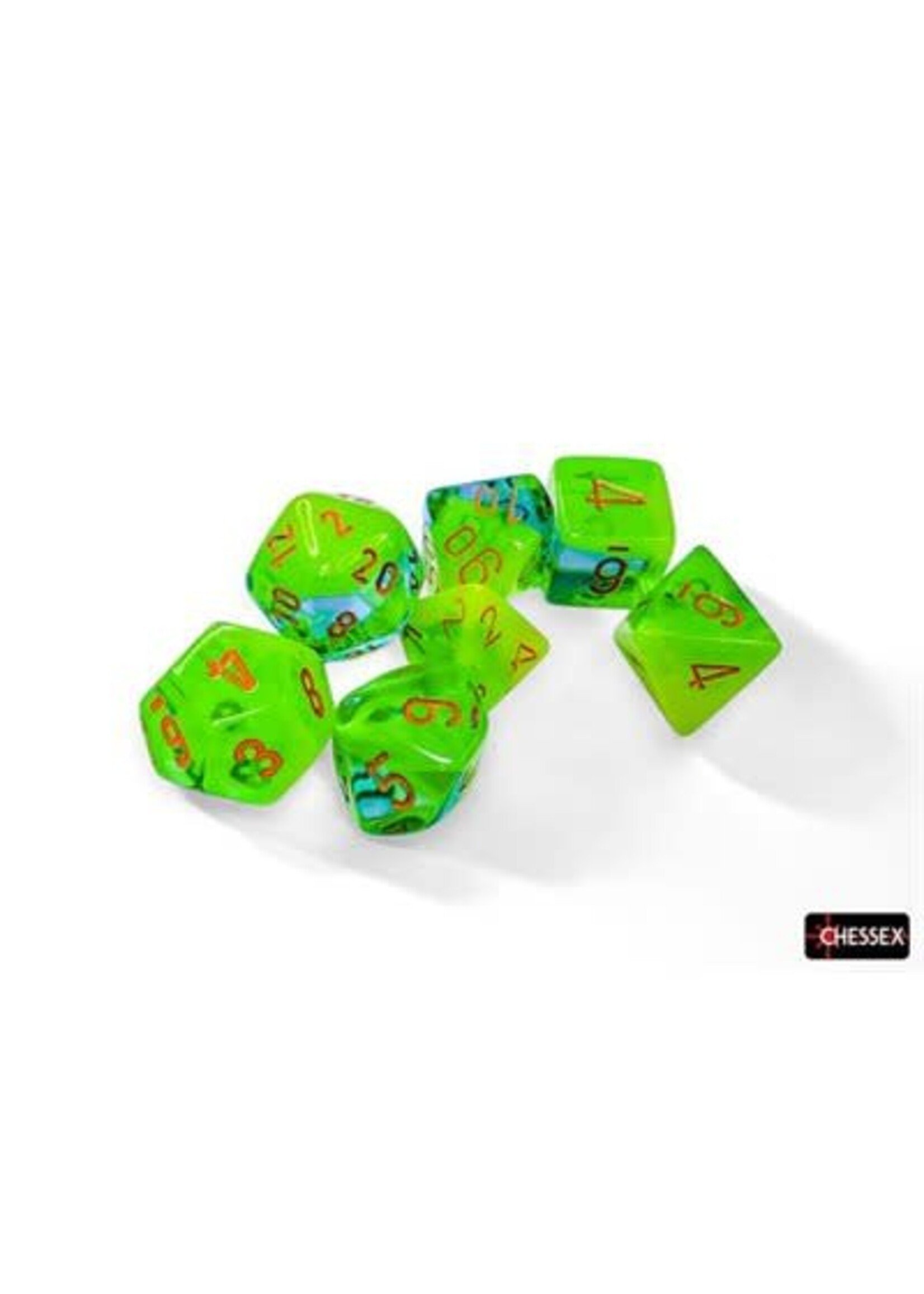 CHESSEX GEMINI 7-DIE SET POLYHEDRAL PLASMA GREEN-TEAL / ORANGE LUMINARY