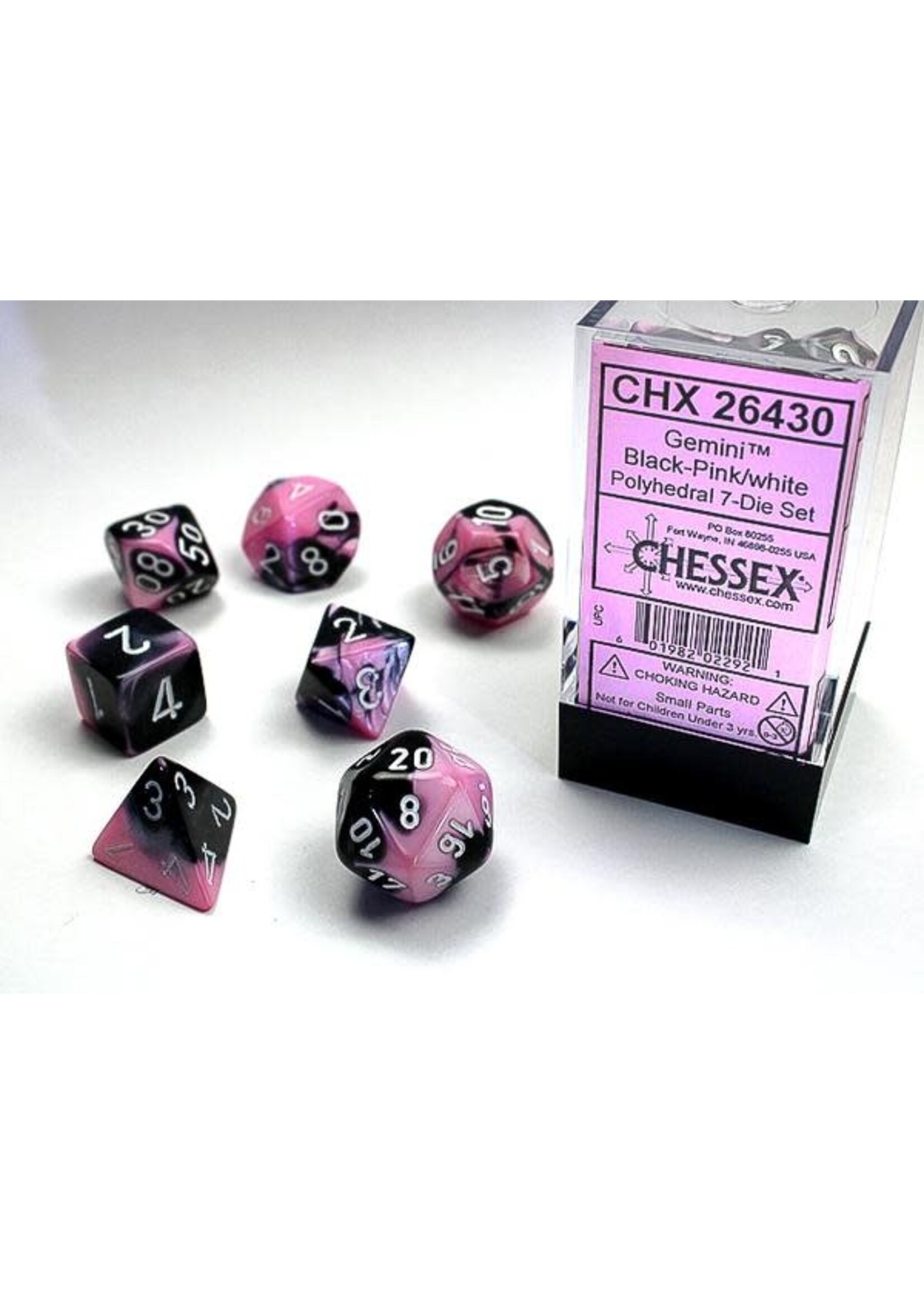 CHESSEX GEMINI 7-DIE SET BLACK-PINK/WHITE