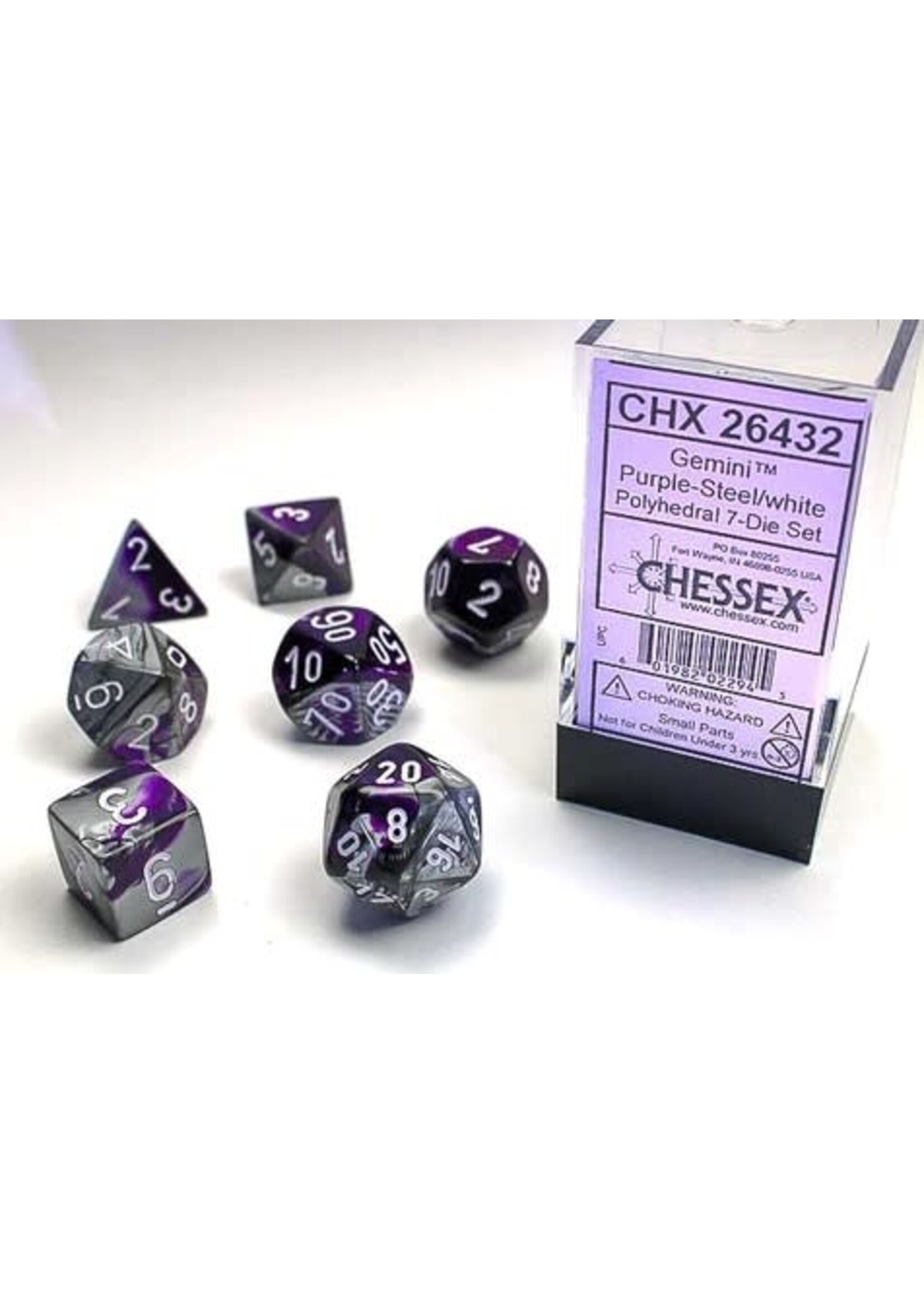 CHESSEX GEMINI 7-DIE SET PURPLE-STEEL / WHITE