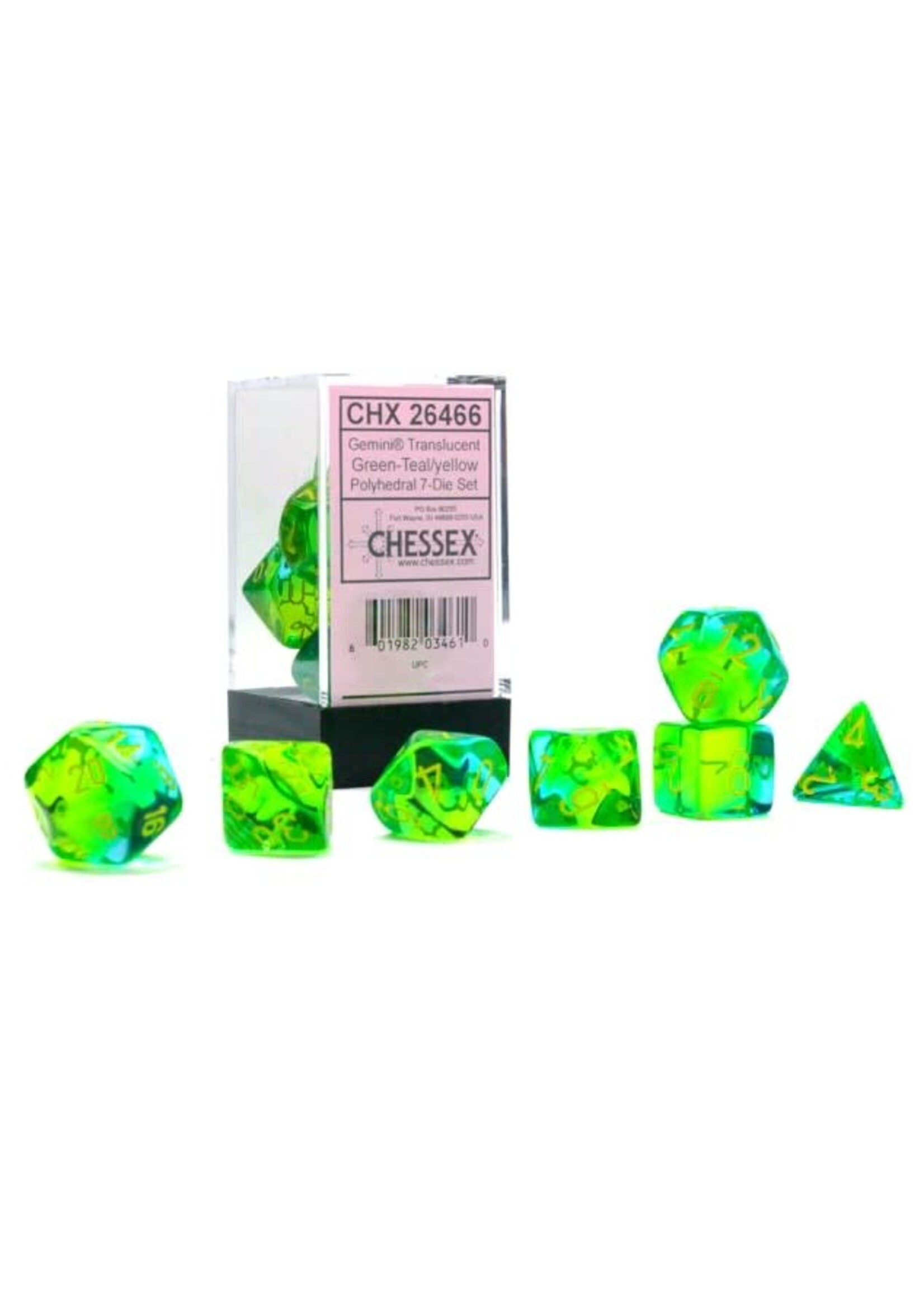 CHESSEX GEMINI 7-DIE SET TRANSLUCENT GRN-TEAL/YELLOW