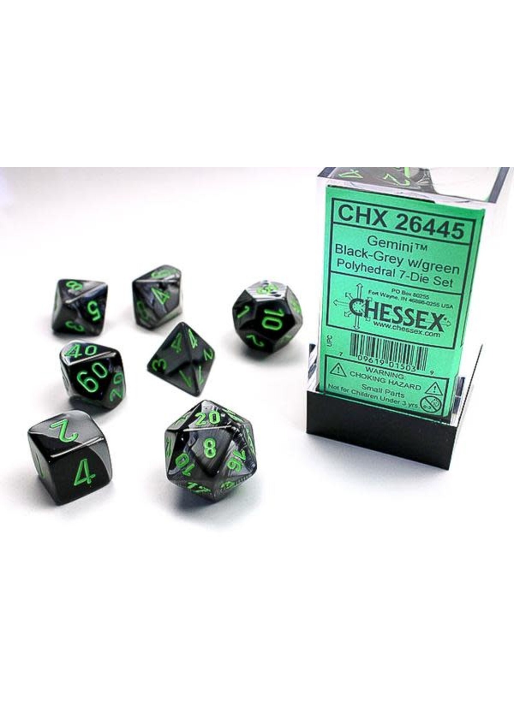 CHESSEX GEMINI 7-DIE SET BLACK-GREY/GREEN