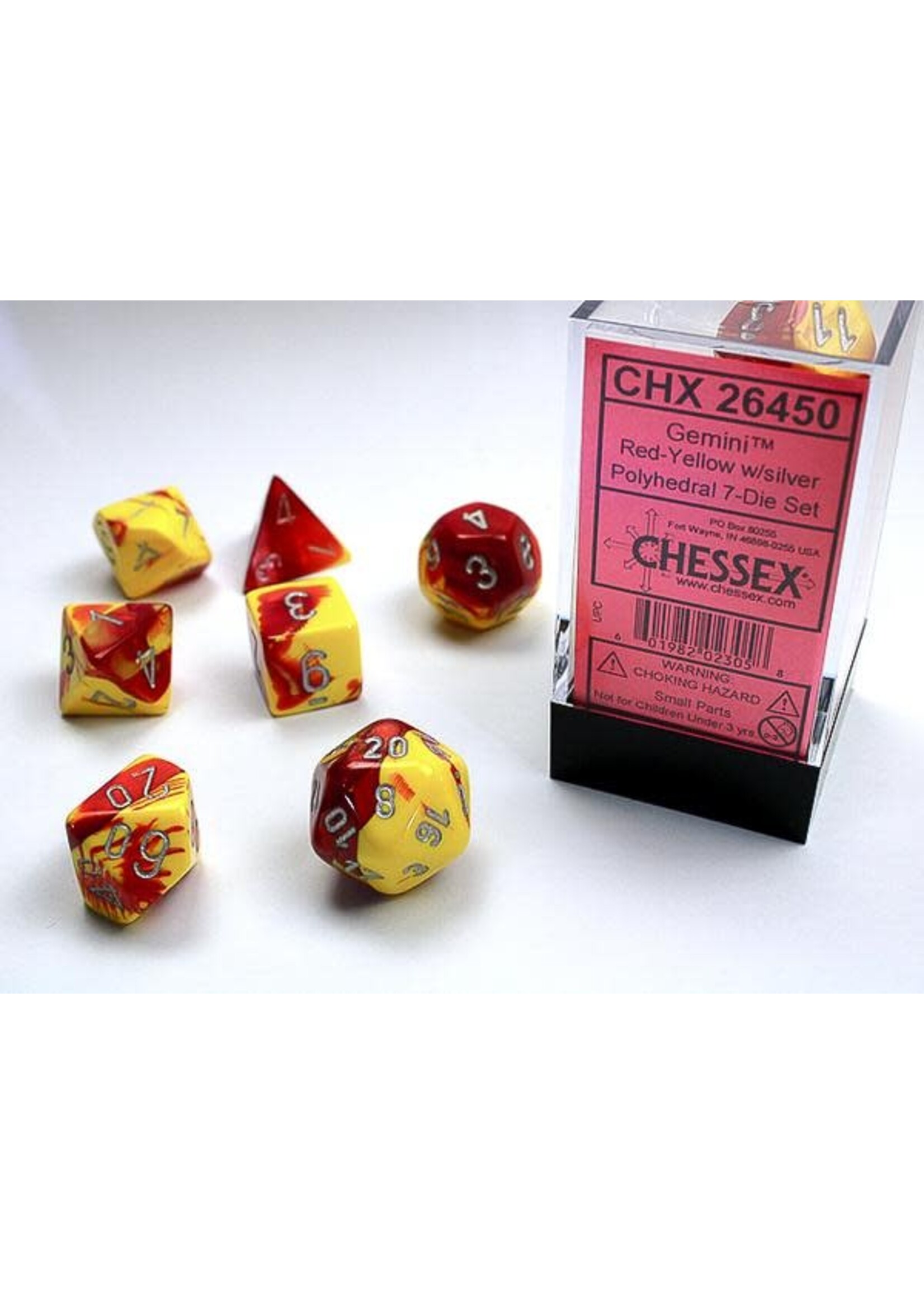 CHESSEX GEMINI 7-DIE SET RED-YELLOW/SILVER