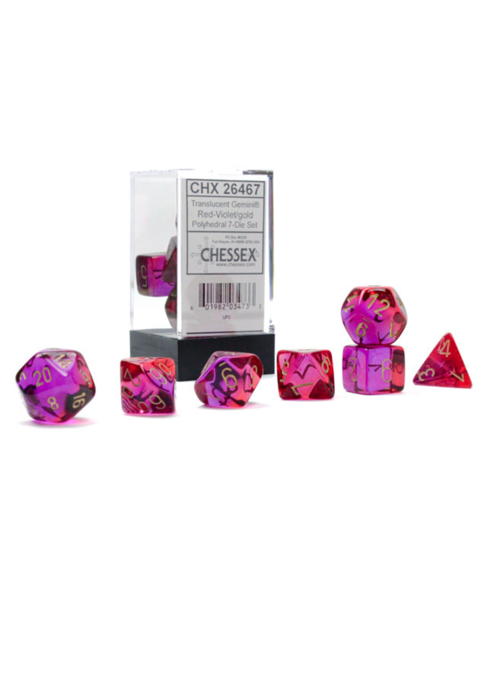 CHESSEX GEMINI 7-DIE SET TRANSLUCENT RED-VIOLET/GOLD