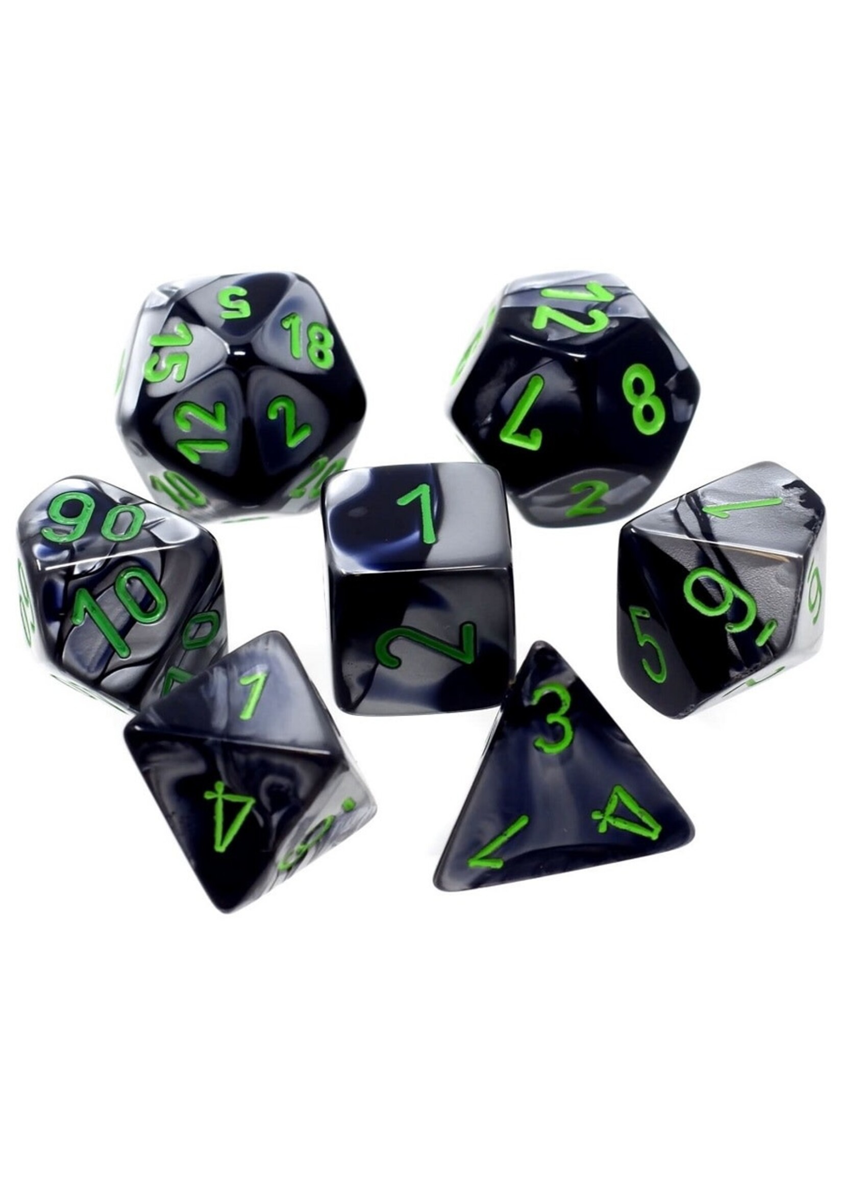 CHESSEX MINI GEMINI 7-DIE SET BLACK-GREY/GREEN