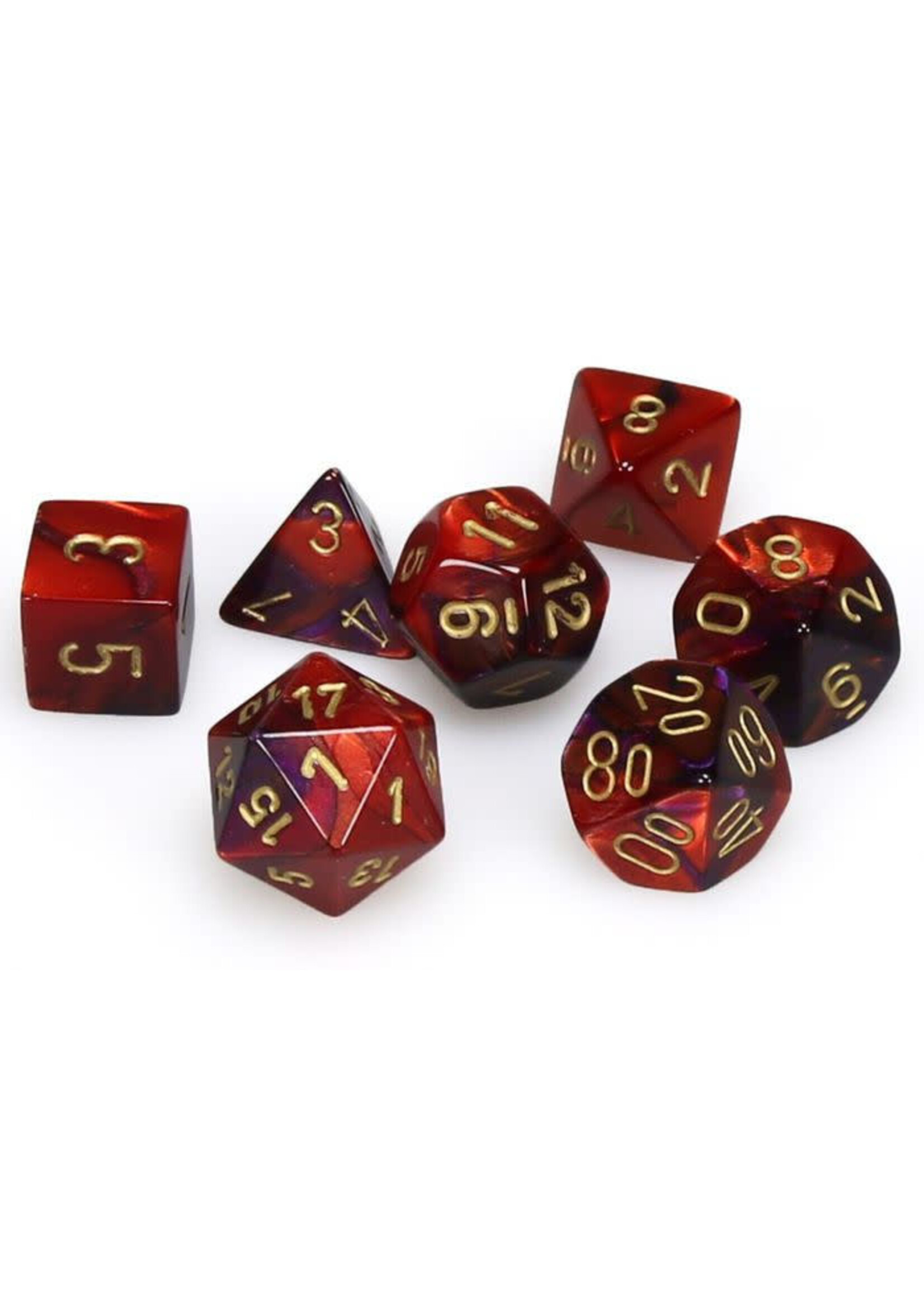 CHESSEX MINI GEMINI 7-DIE SET PURPLE-RED/GOLD