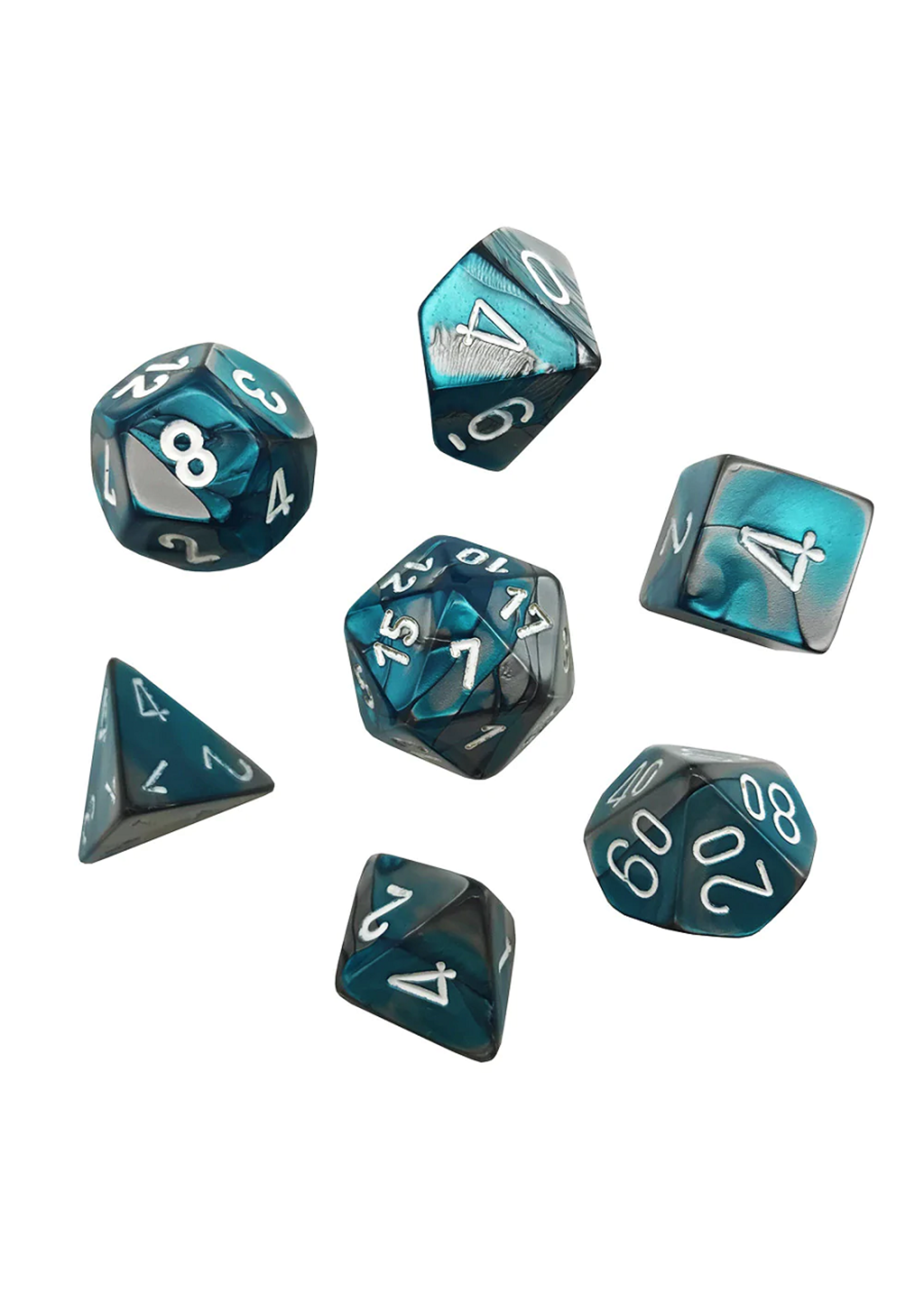 CHESSEX MINI GEMINI 7-DIE SET STEEL-TEAL/WHITE