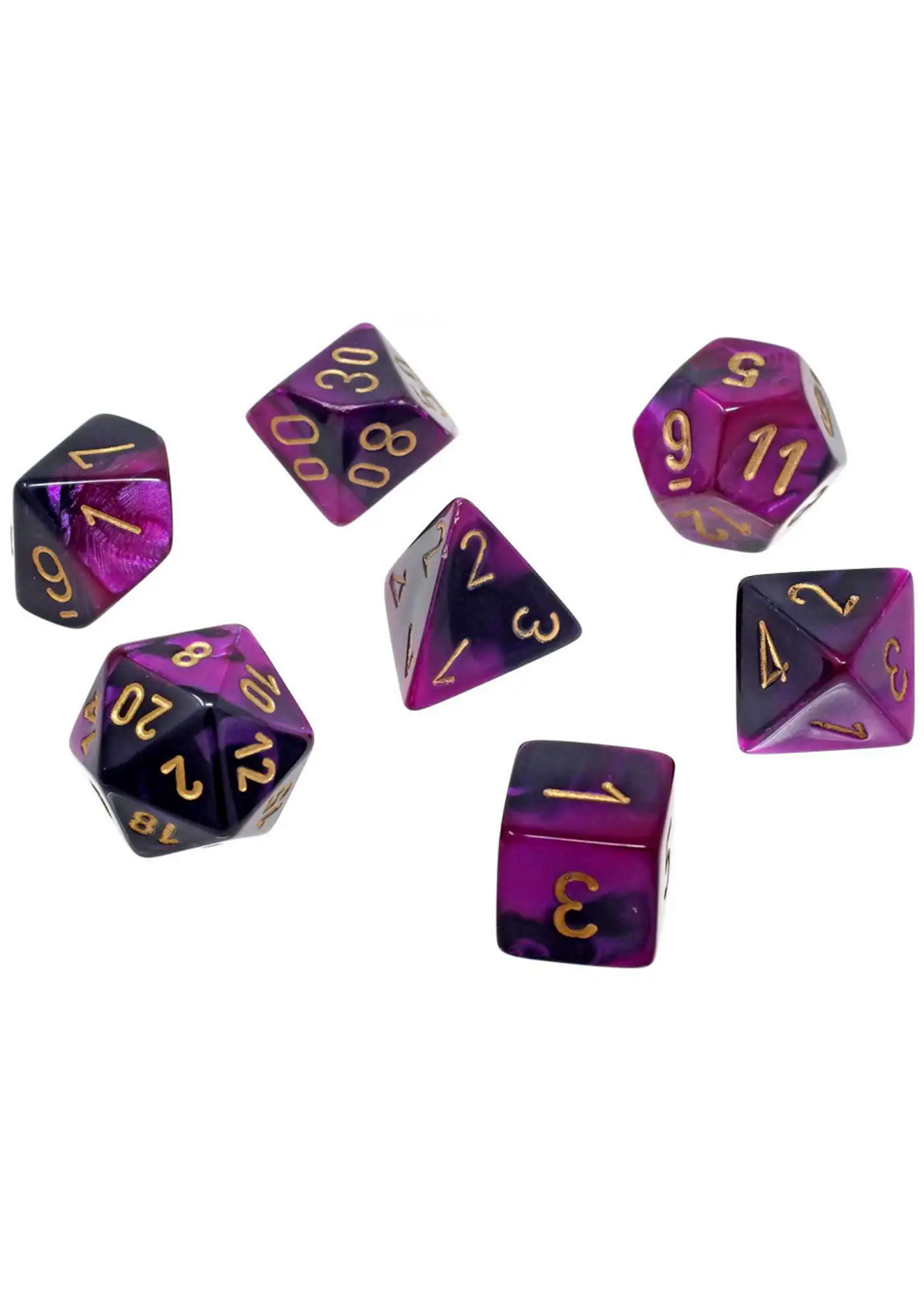 CHESSEX MINI GEMINI 7-DIE SET BLACK-PURPLE/GOLD