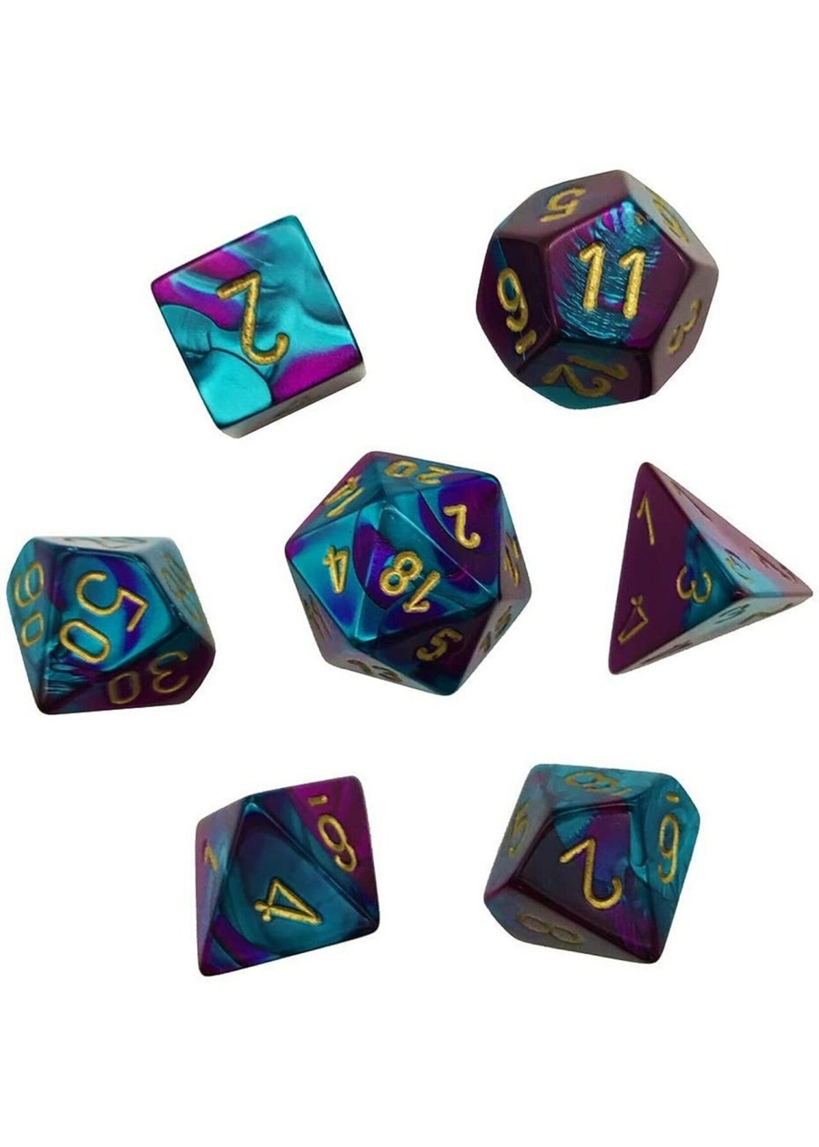 CHESSEX MINI GEMINI 7-DIE SET PURPLE-TEAL/GOLD