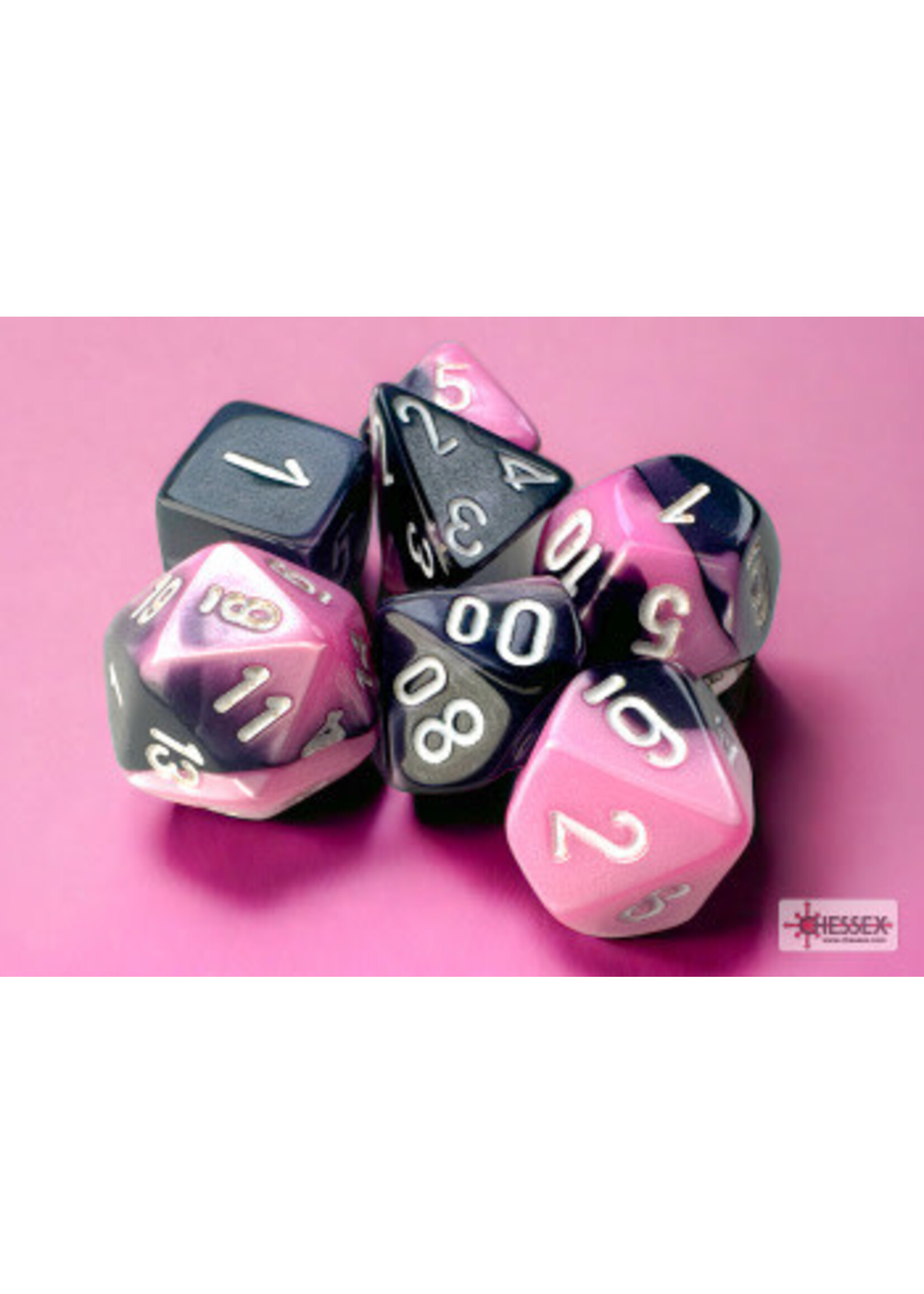 CHESSEX MINI GEMINI 7-DIE SET BLACK-PINK/WHITE