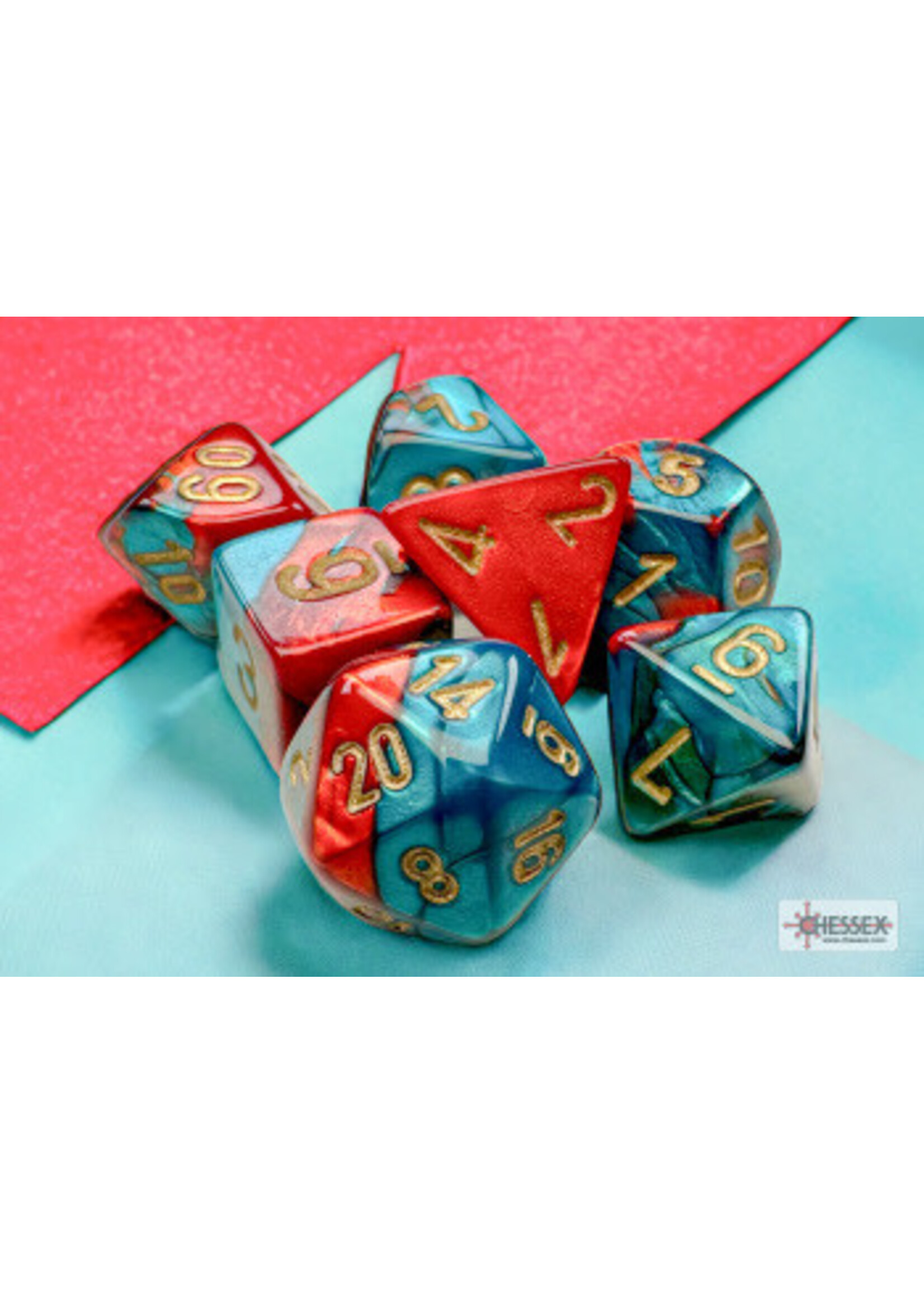 CHESSEX MINI GEMINI 7-DIE SET RED-TEAL/GOLD