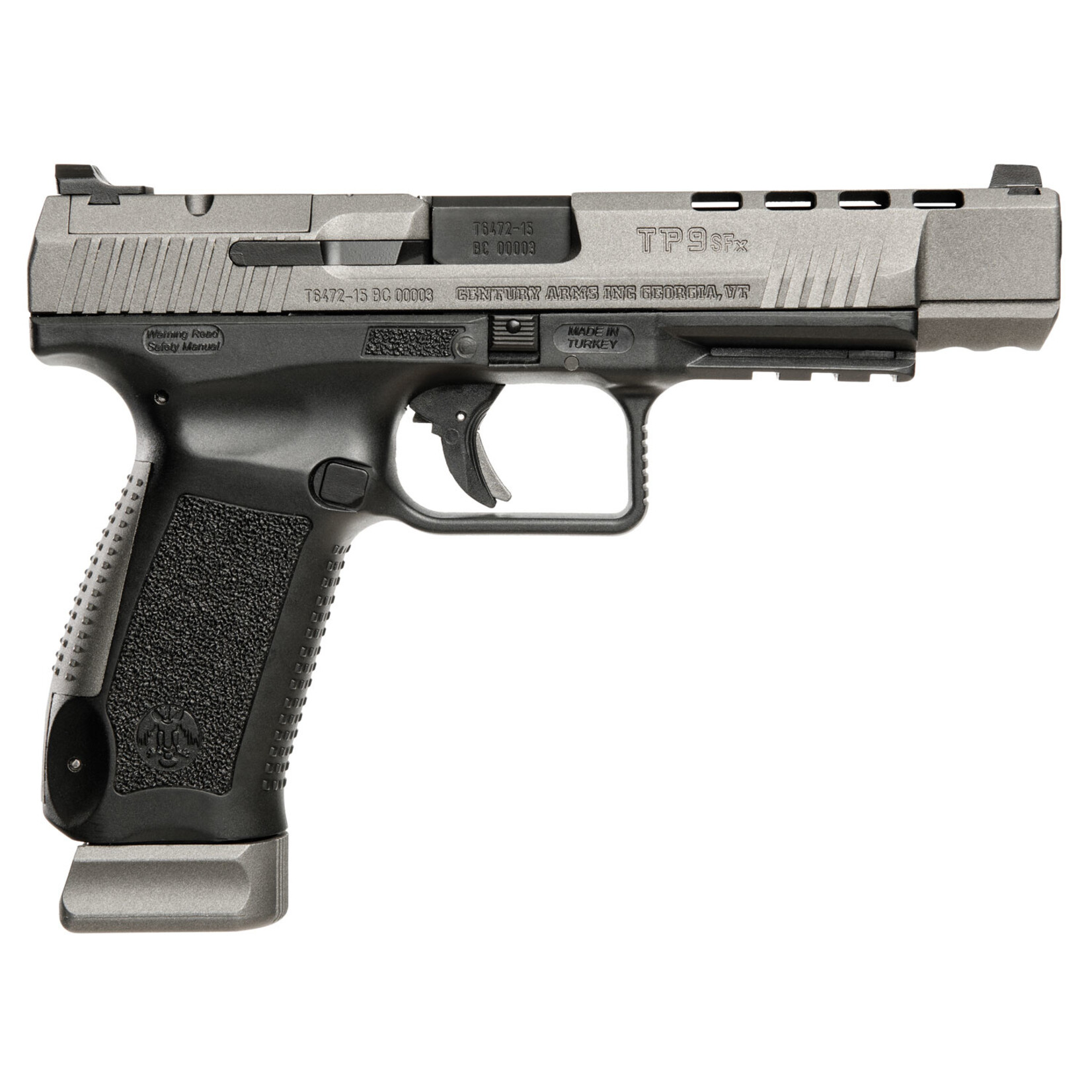 Canik Canik TP9SFx 9mm Luger 20+1 5.20" Barrel, Black Frame w/Picatinny Accessory Rail, Serrated Tungsten Gray Cerakote Slide w/Ports, Tungsten Gray Interchangeable Backstrap Grip, Includes 2 Magazines & Holster
