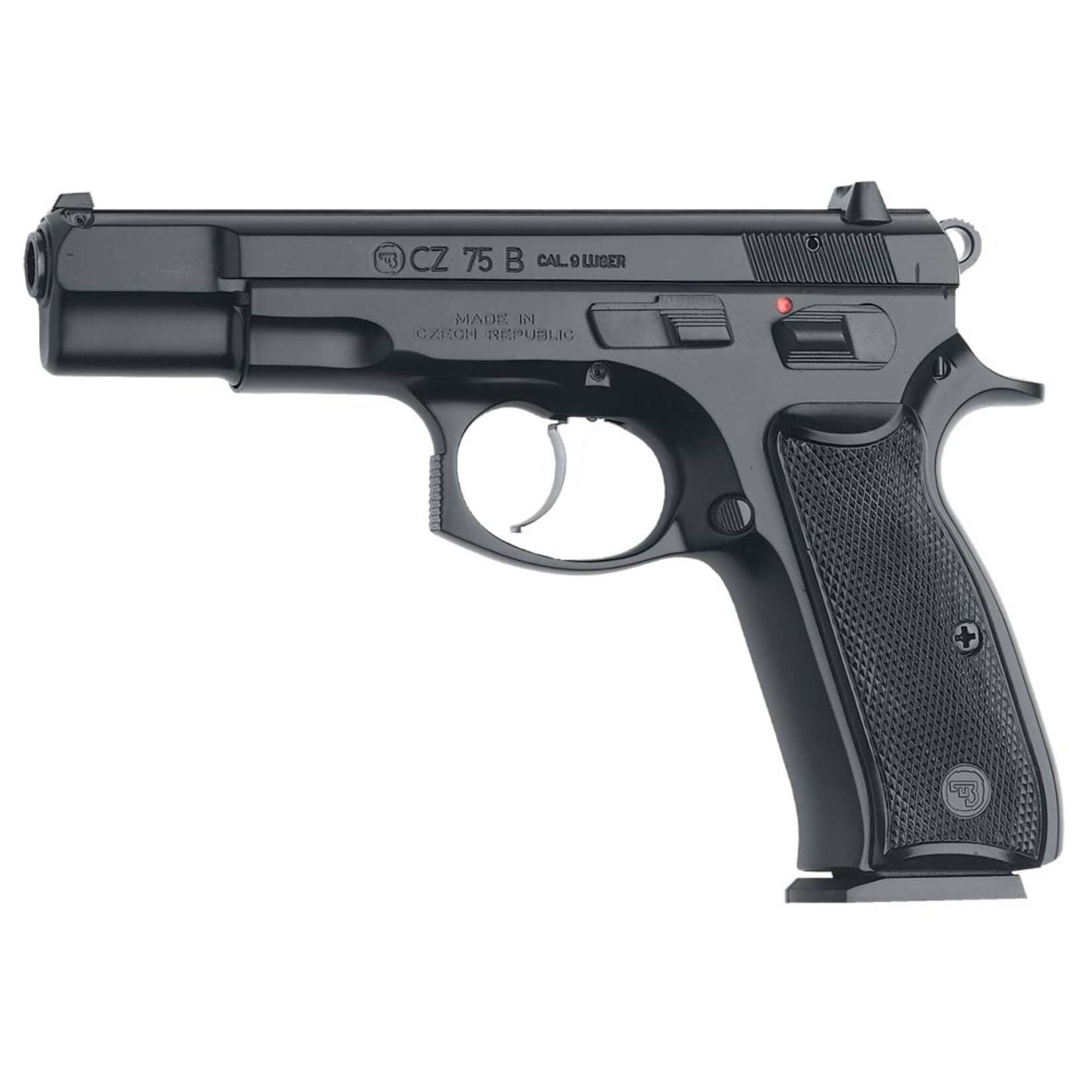 CZ CZ-USA CZ 75 B 9mm Luger 16+1 4.60" Non-Tilted, Cold Hammer Forged Barrel, Black Inside Railed Slide, Black Polycoat Steel w/Serrated Trigger Guard & Beavertail, Black Plastic Grips