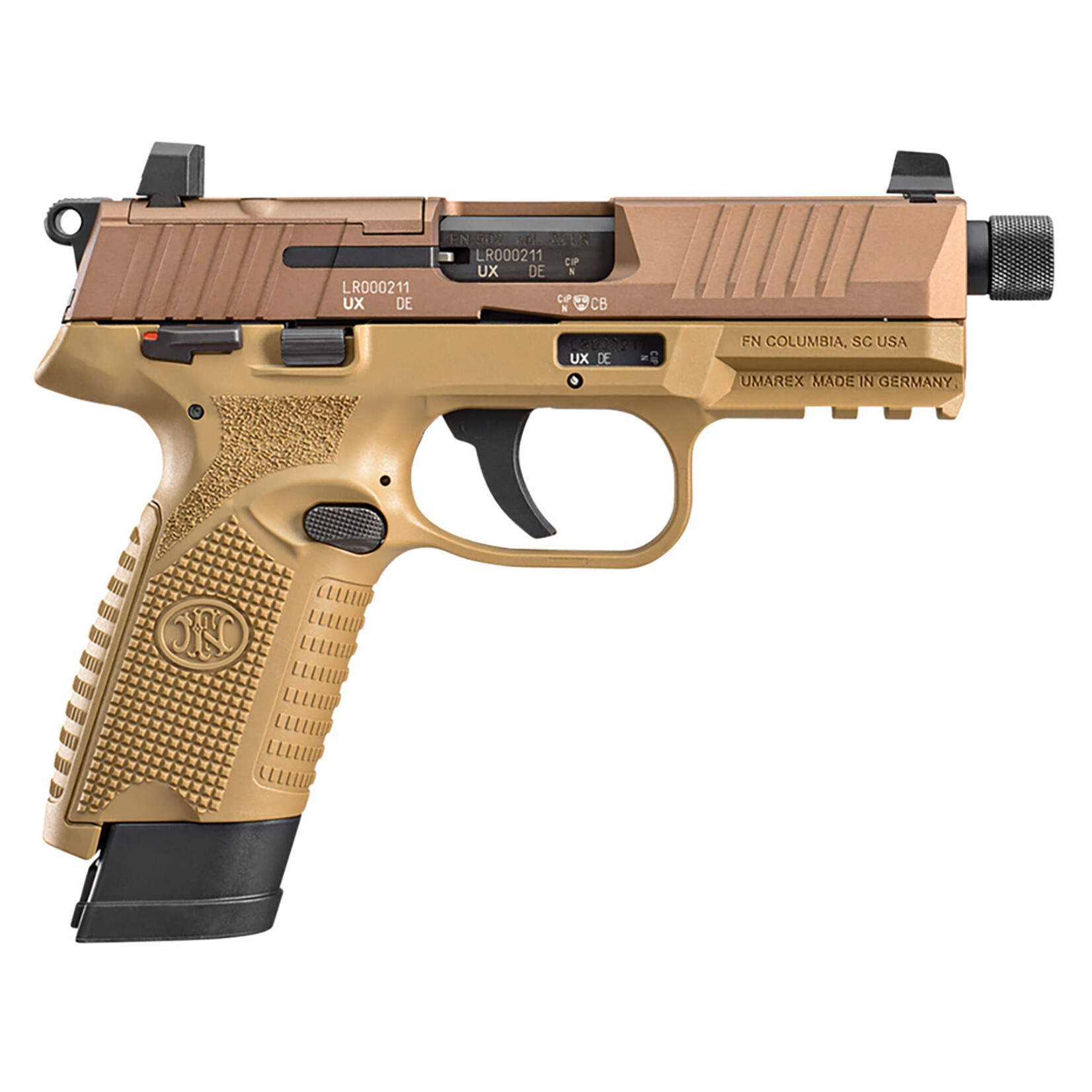 FN America FN 502 Tactical 22 LR 10+1 15+1 4.60" Threaded Barrel, Flat Dark Earth Serrated/Optic Ready Slide, FDE Polymer w/Picatinny Rail Frame & Textured Polymer Grip