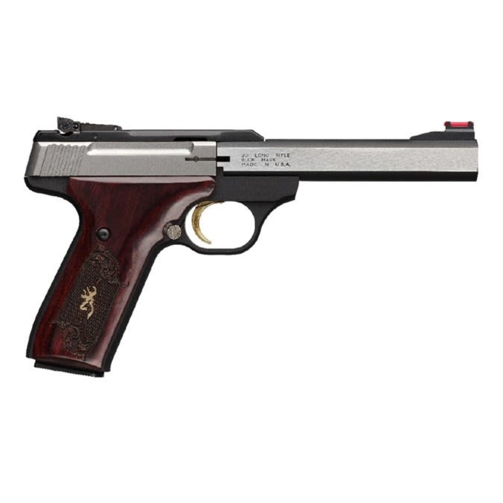 Browning Browning Buck Mark Medallion 22 LR 10+1 5.50" Blackened SS Slab Side Barrel, Stainless Steel Serrated SS Slide, Matte Black Aluminum Frame, Checkered Rosewood w/Gold BuckMark Inlay Grip