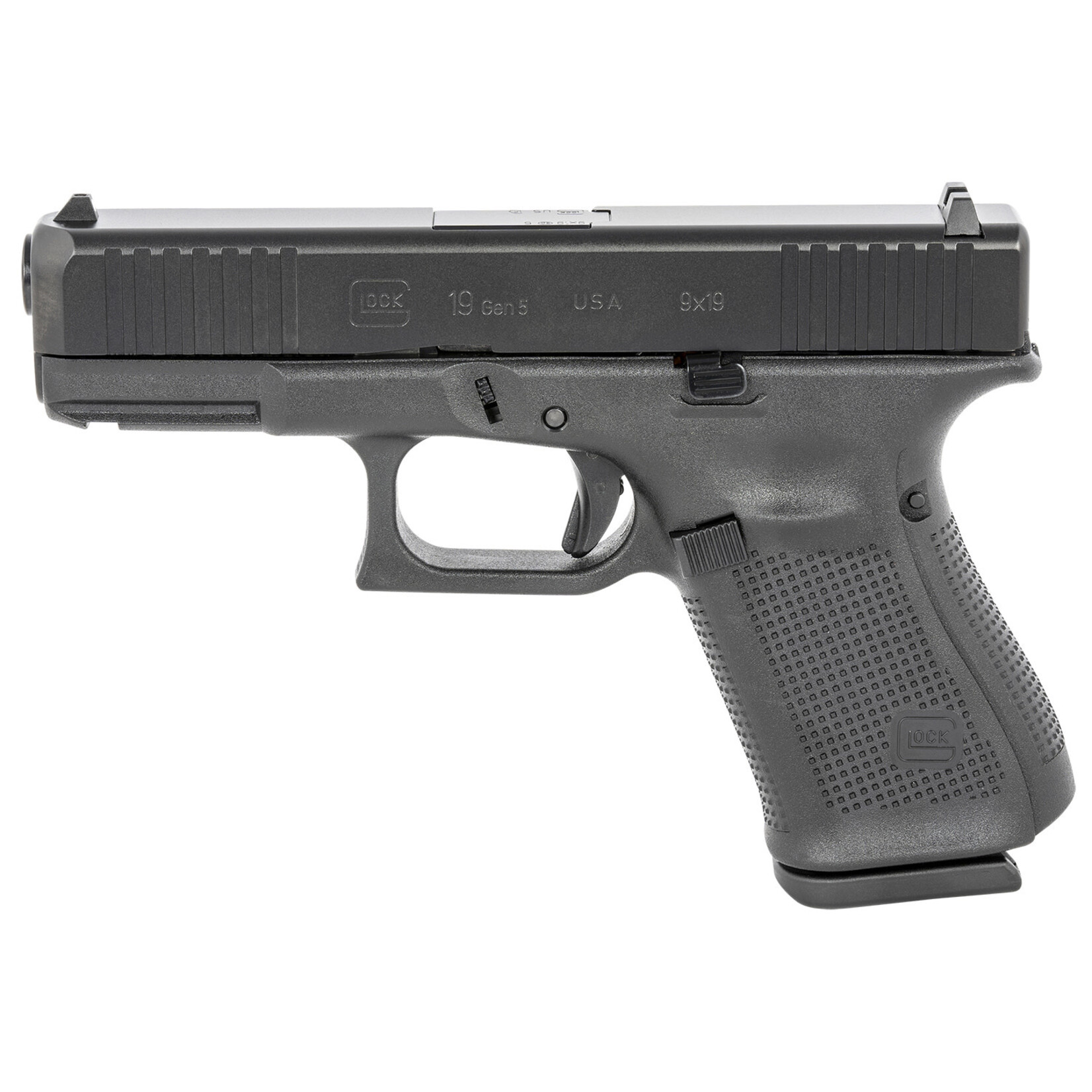 GLOCK Glock G19 Gen5 Compact 9mm Luger Caliber with 4.02" Glock Marksman Barrel, 15+1 Capacity, Overall Black Finish, Serrated nDLC Steel Slide, Rough Texture Interchangeable Backstraps Grip & Fixed Sights (US Made)