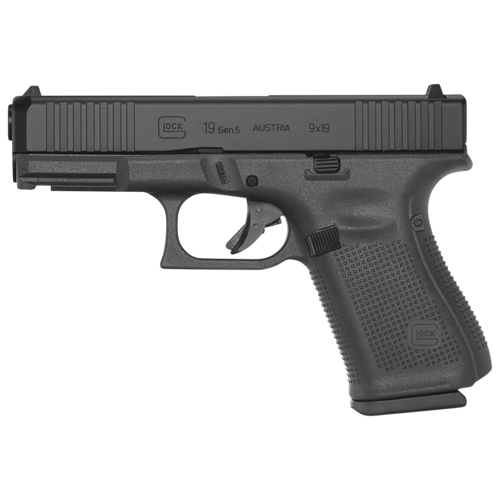 GLOCK Glock G19 Gen5 Compact 9mm Luger 4.02" 15+1 Overall Black Finish with nDLC Steel with Front Serrations Slide, Rough Texture Interchangeable Backstraps Grip & Fixed Sights