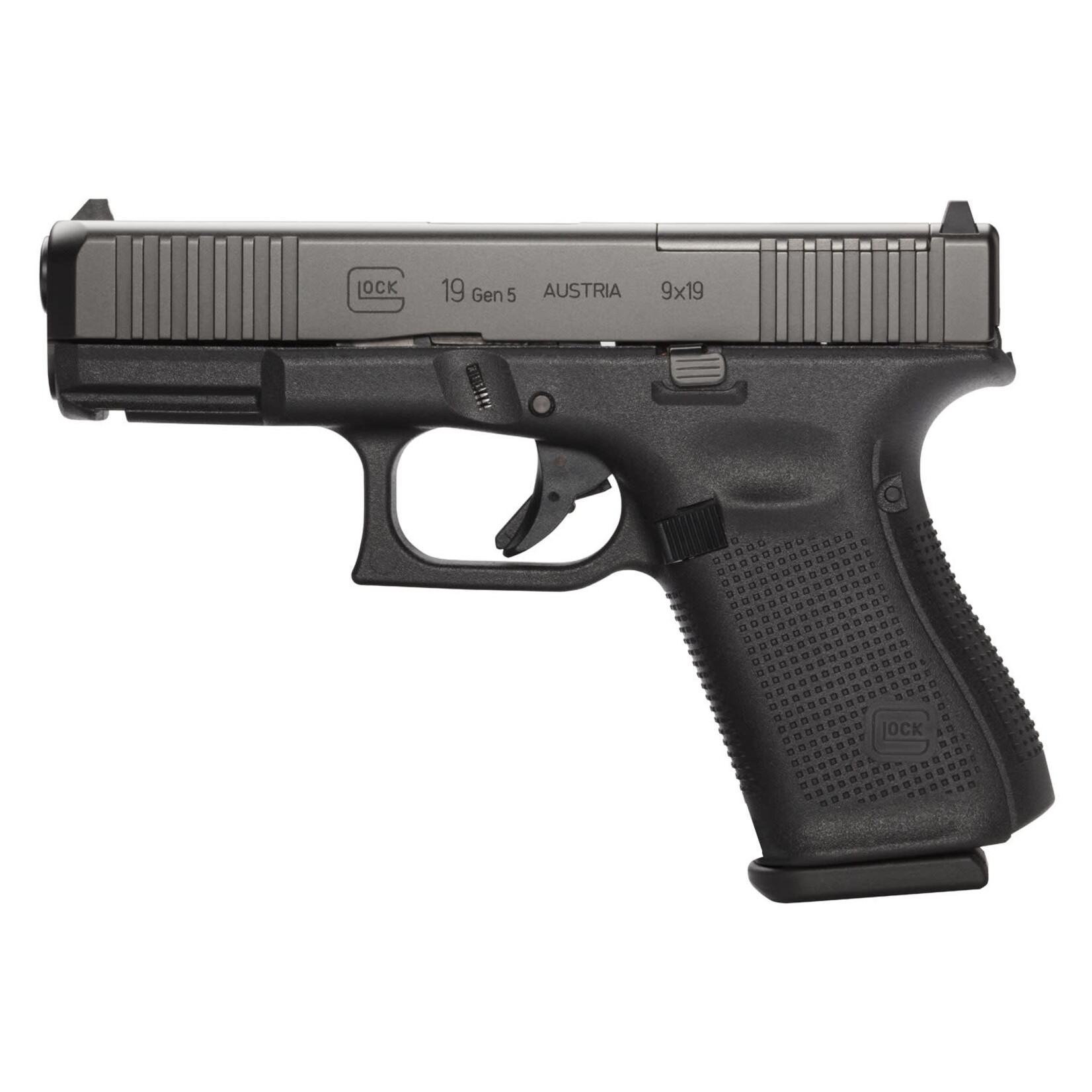 GLOCK Glock G19 Gen5 Compact MOS 9mm Luger 4.02" 15+1 Overall Black Finish with nDLC Steel with Front Serrations & MOS Cuts Slide, Rough Texture Interchangeable Backstraps Grip & Fixed Sights