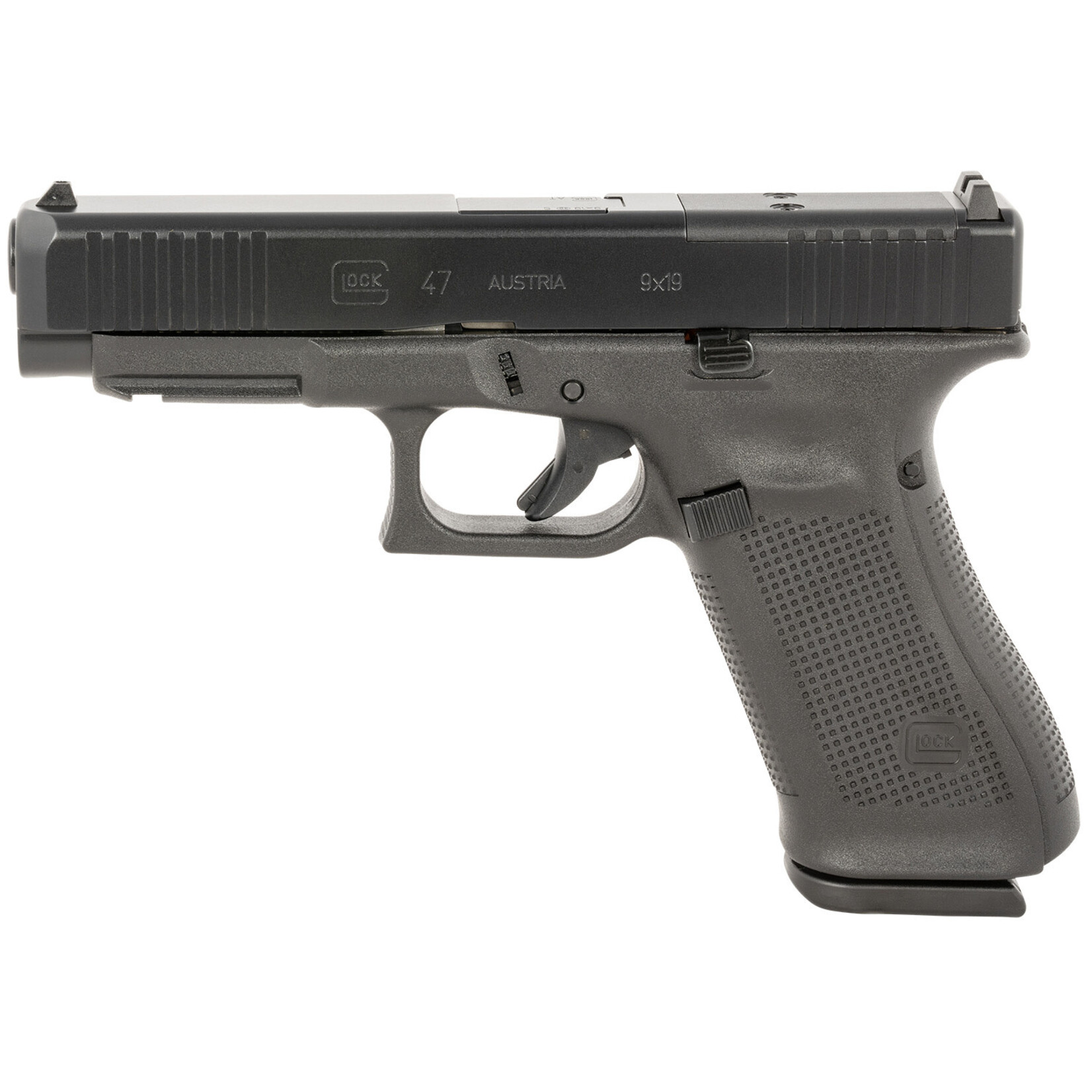 GLOCK Glock G47 Gen5 Full Size 9mm Luger 17+1 4.49" Black GMB Barrel, Black nDLC MOS Cut/Serrated Slide, Black Polymer Frame w/Accessory Rail, Black Textured w/Interchangeable Backstrap Grip, Ambidextrous