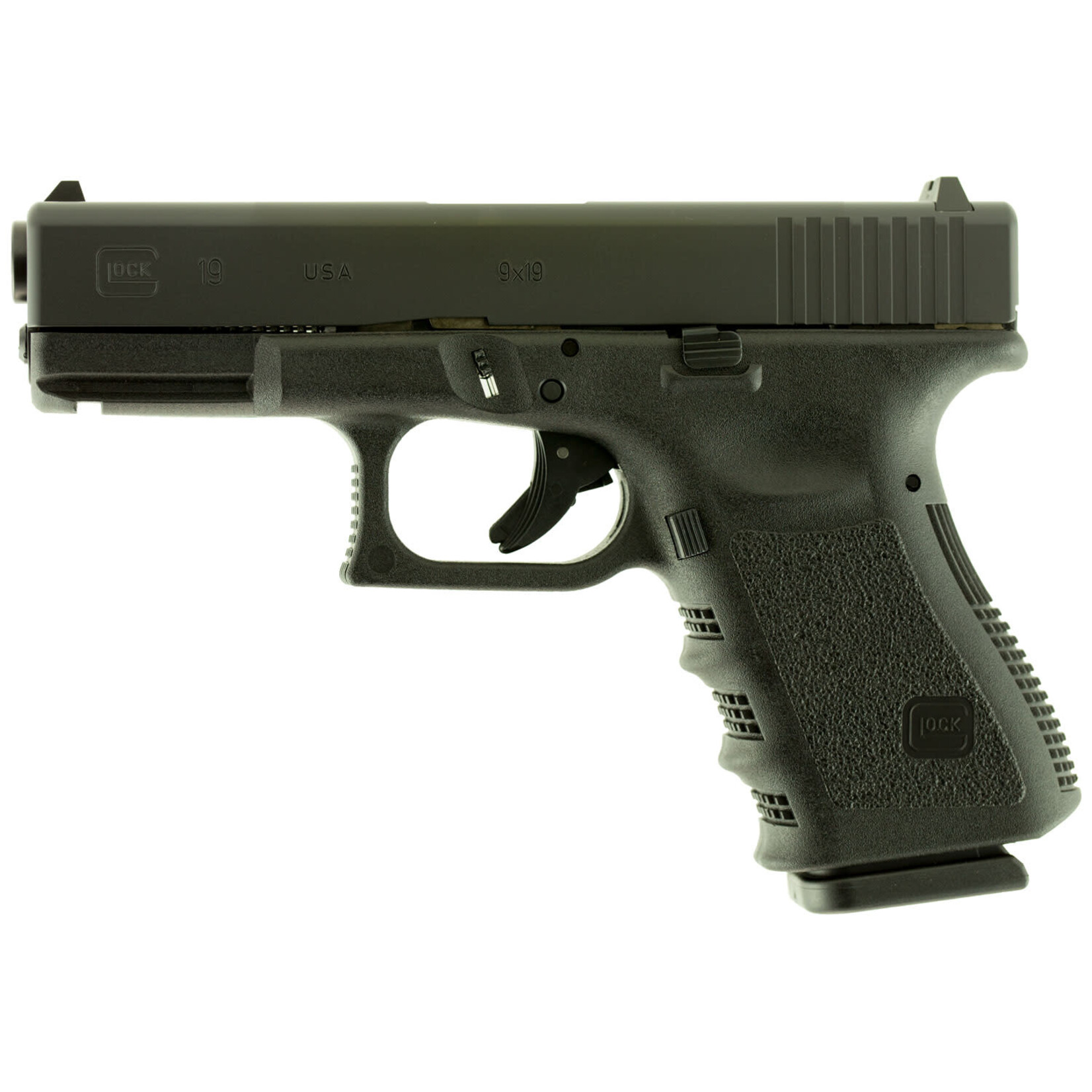 GLOCK Glock G19 Gen3 Compact 9mm Luger 15+1 4.02" Black Steel Barrel, Matte Black Serrated Slide, Black Polymer Frame w/Accessory Rail, Black Finger Grooved Polymer Grip, USA Made