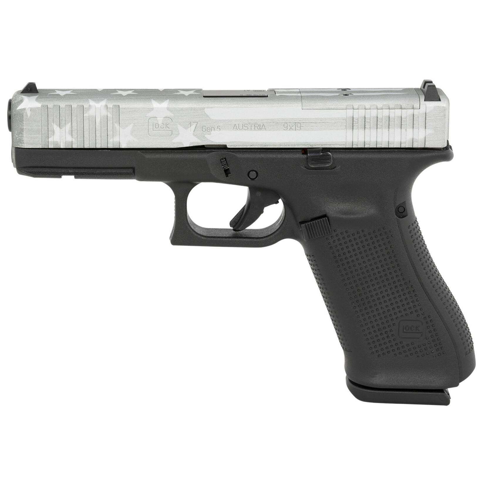 GLOCK Glock G17 Gen5 MOS Full Size 9mm Luger 17+1 4.49" Black GMB Barrel, Gray Battle Worn Flag Cerakote MOS Cut/Serrated Slide, Black Polymer Frame w/Accessory Rail, Black Textured w/Interchangeable Backstrap Grip, Ambidextrous