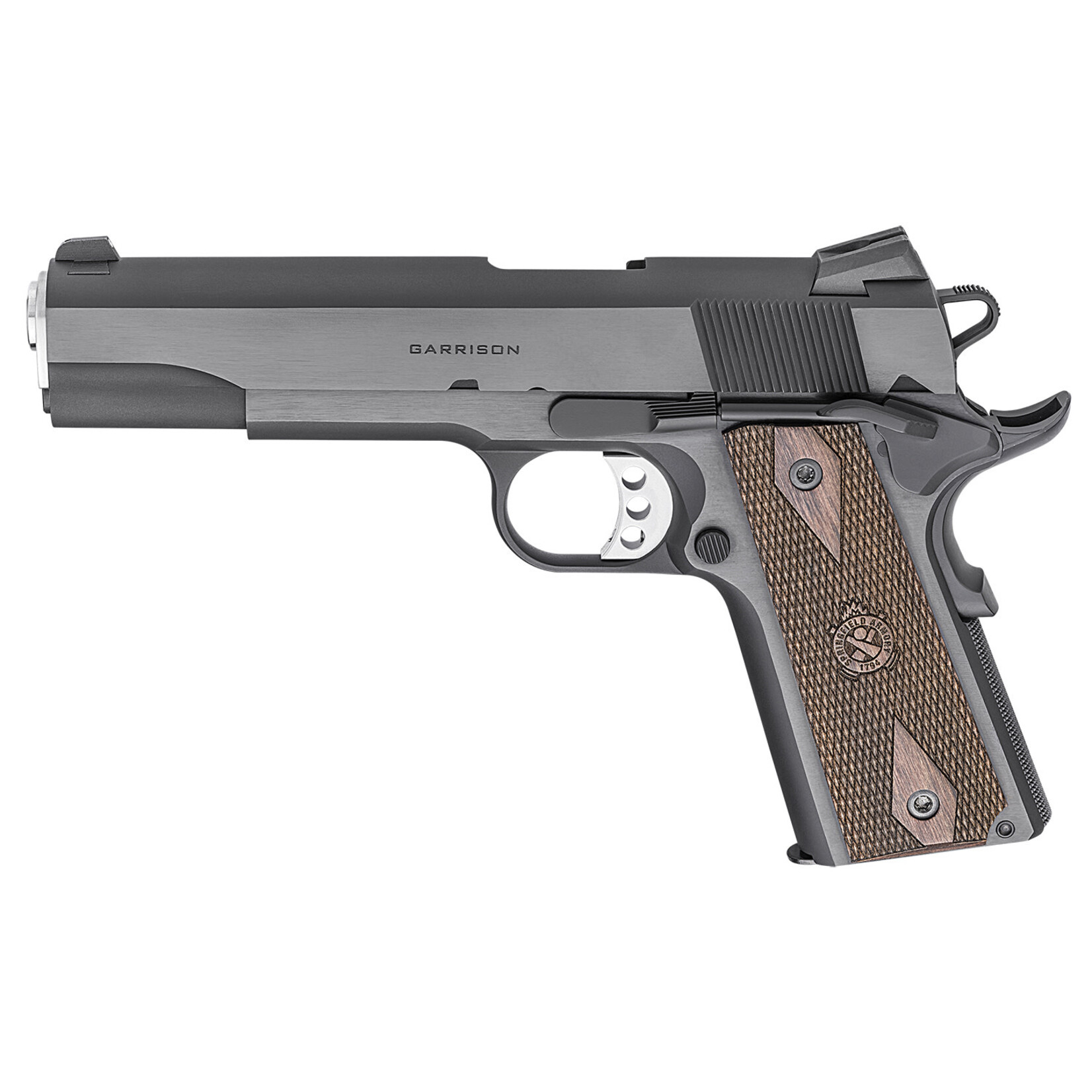 Springfield Armory Springfield Armory 1911 Garrison 45 ACP Caliber with 5" Barrel, 7+1 Capacity, Overall Blued Finish Carbon Steel, Beavertail Frame, Serrated Slide & Thin-Line Wood with Double-Diamond Pattern Grip