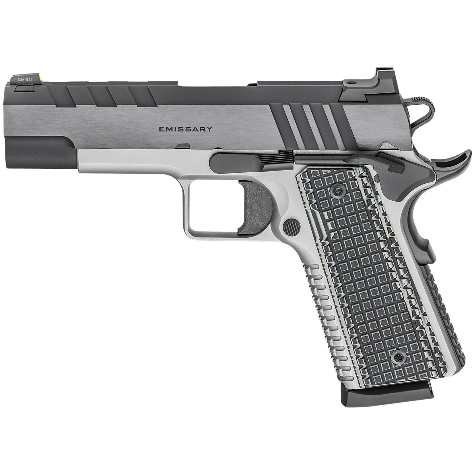 Springfield Armory Springfield Armory  1911 Emissary 45 ACP Caliber with 4.25" Barrel, 8+1 Capacity, Stainless Steel Finish Beavertail Frame, Tri-Top Cut Blued Carbon Steel Slide & Black VZ Thin-Line G10 Grip