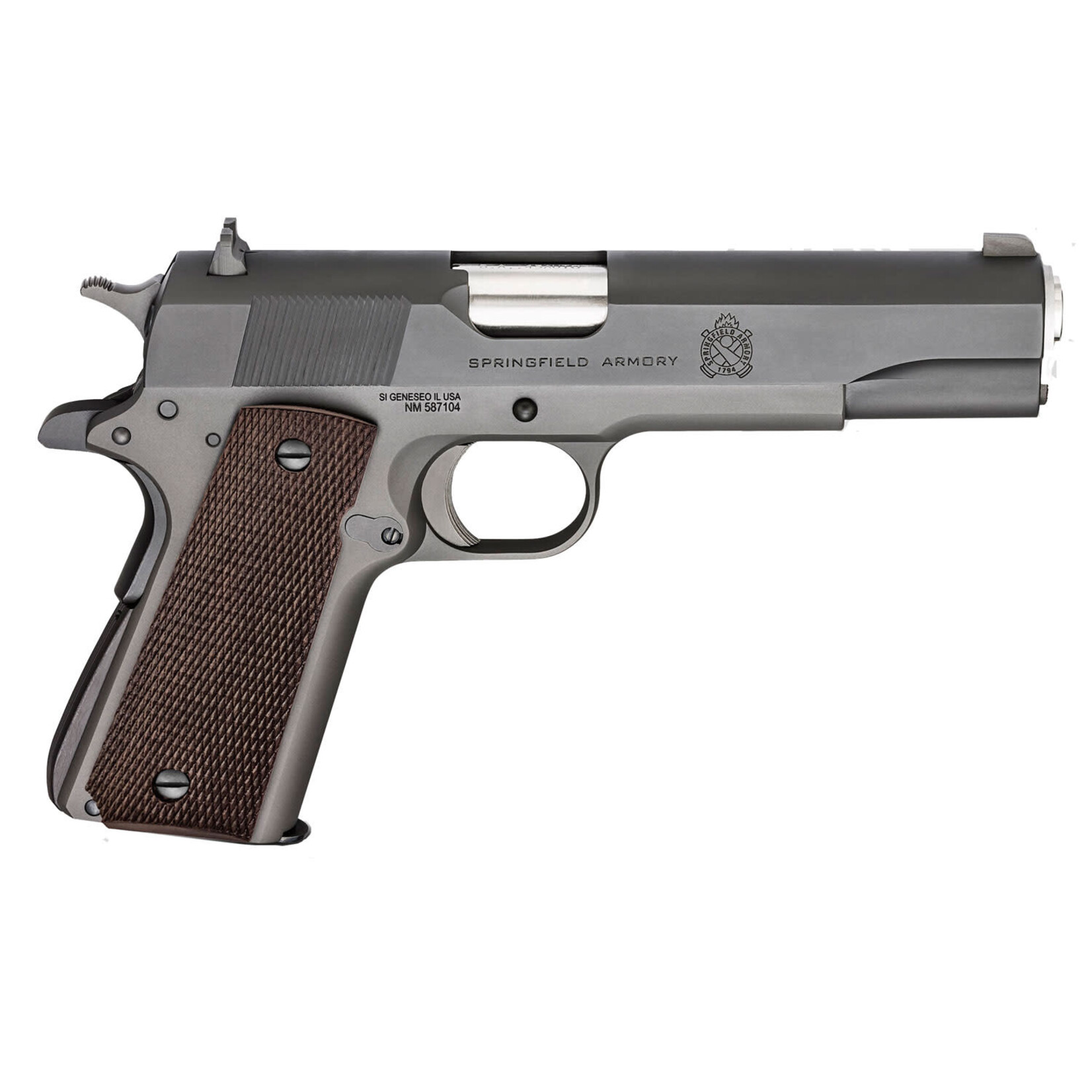 Springfield Armory Springfield Armory 1911 Mil-Spec Defender Legacy 45 ACP 7+1 5" Satin Stainless Match Grade Barrel, Black Parkerized Frame w/Beavertail, Parkerized Serrated Steel Slide, Checkered Wood Laminate Grips
