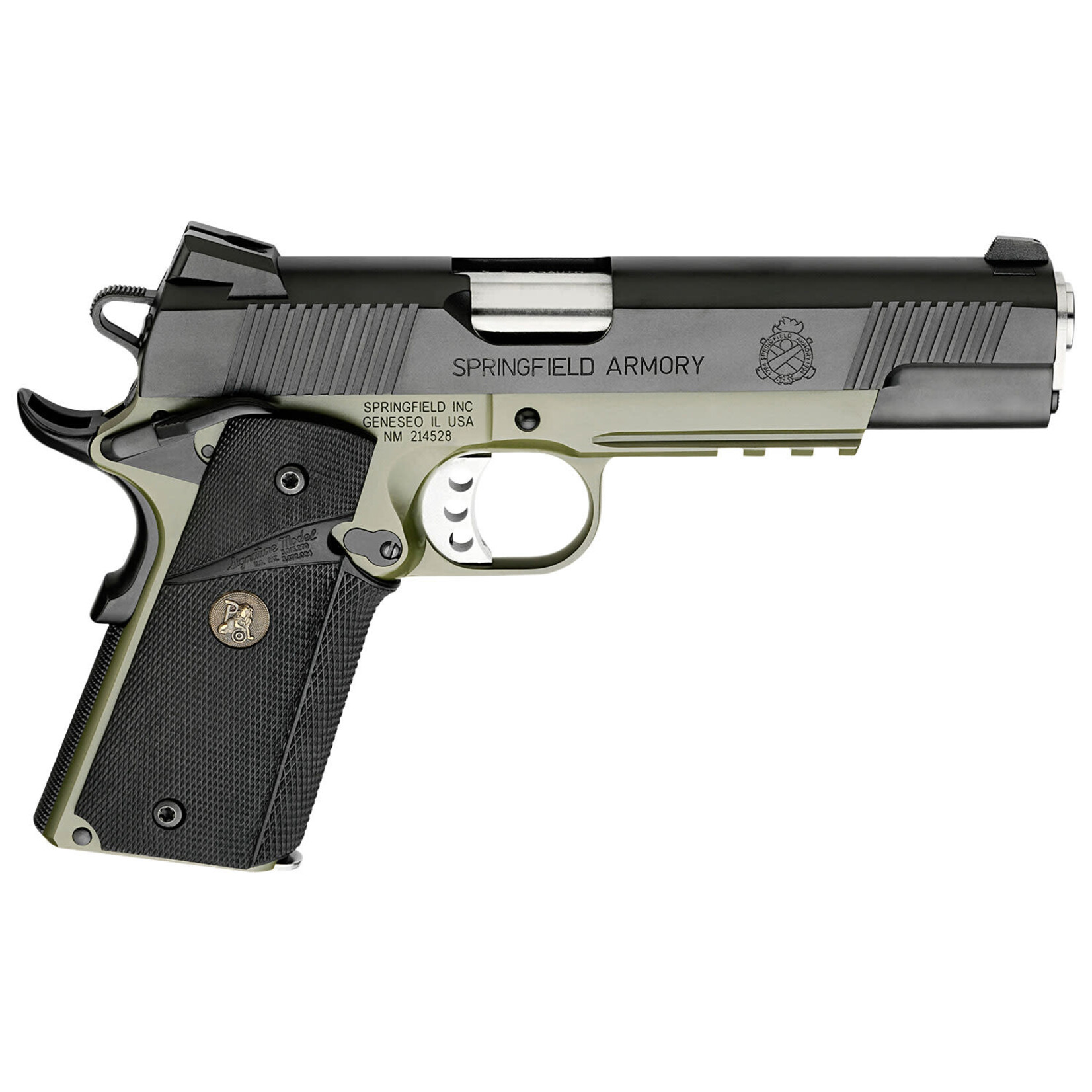 Springfield Armory Springfield Armory 1911 Loaded Marine Corps Operator *CA Compliant 45 ACP 7+1 5" Barrel, OD Green Cerakote Frame w/Beavertail, Black Cerakote Serrated Slide, Pachmayr Wraparound Rubber Grip, Tritium Night Sights, Integral Accessory Rail