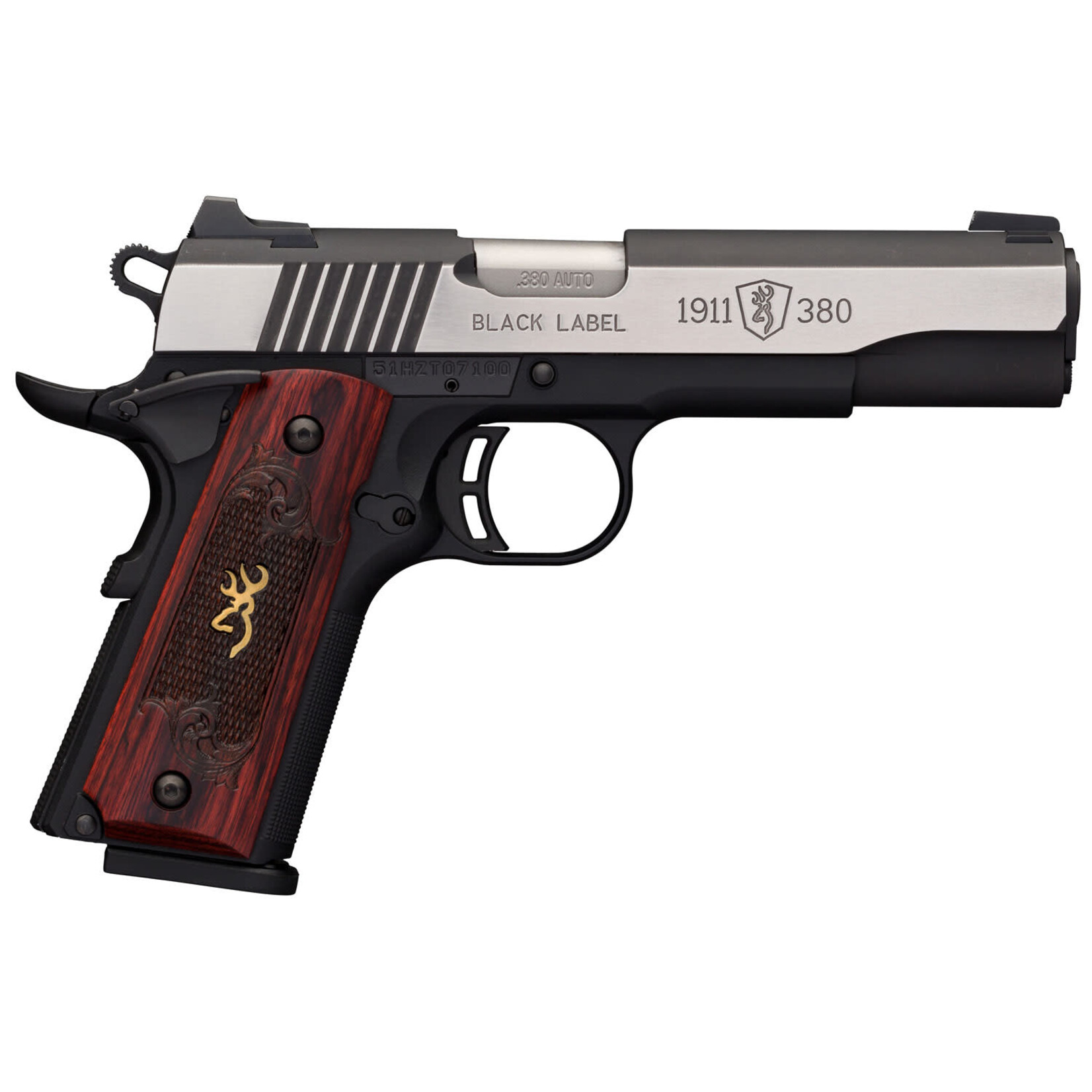 Browning Browning 1911-380 Black Label Medallion Pro 380 ACP 8+1 4.25" Target Crown Barrel, Blackened w/Silver Polished Flats Serrated SS Slide, Matte Black Polymer Frame w/Beavertail