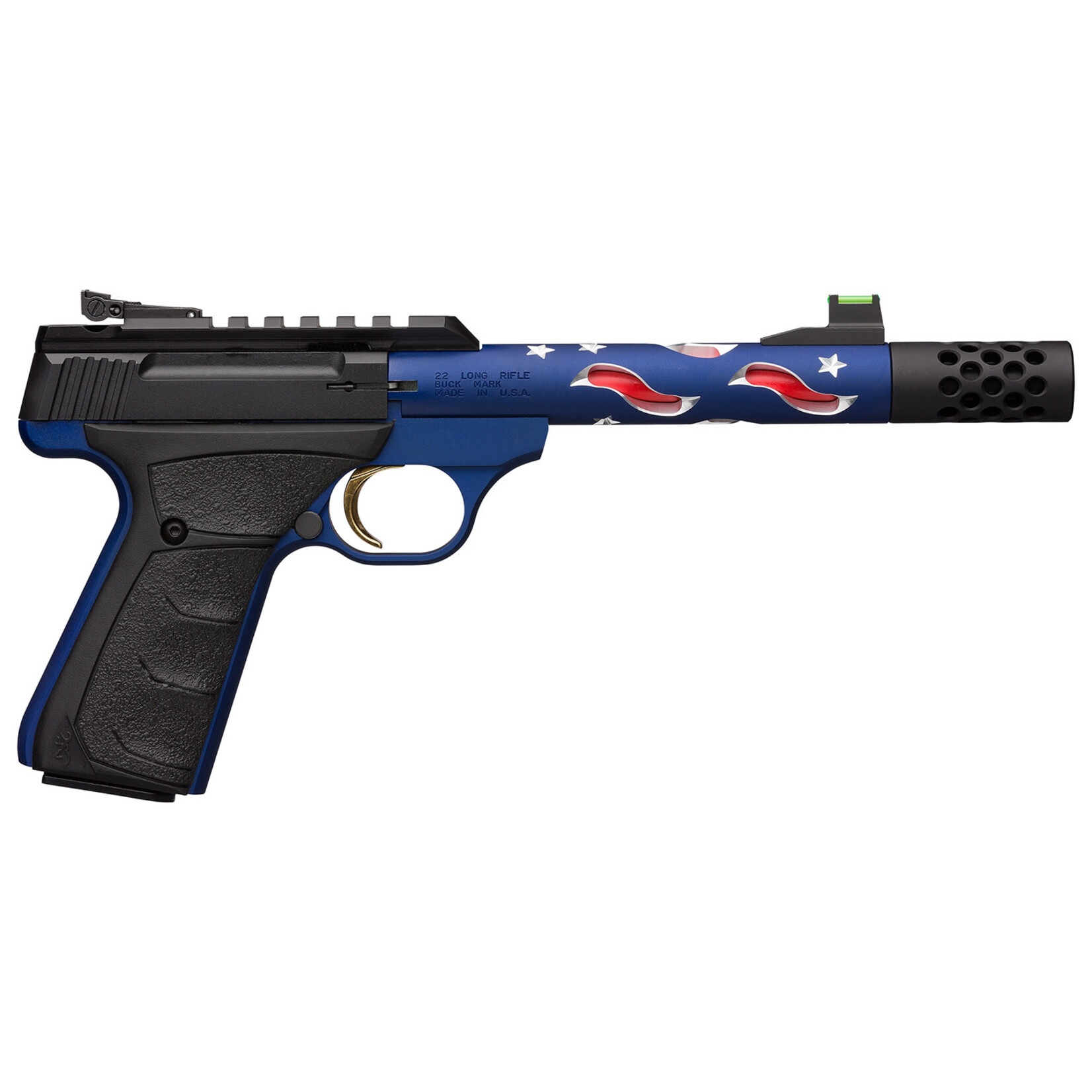 Browning Browning Buck Mark Plus Vision SR 22 LR 10+1 5.87" Americana Themed Steel Threaded w/Muzzle Brake Barrel, Matte Black Optic Ready/Serrated Steel Slide, Blue Anodized Aluminum Frame w/ Black Ultragrip FX Grips