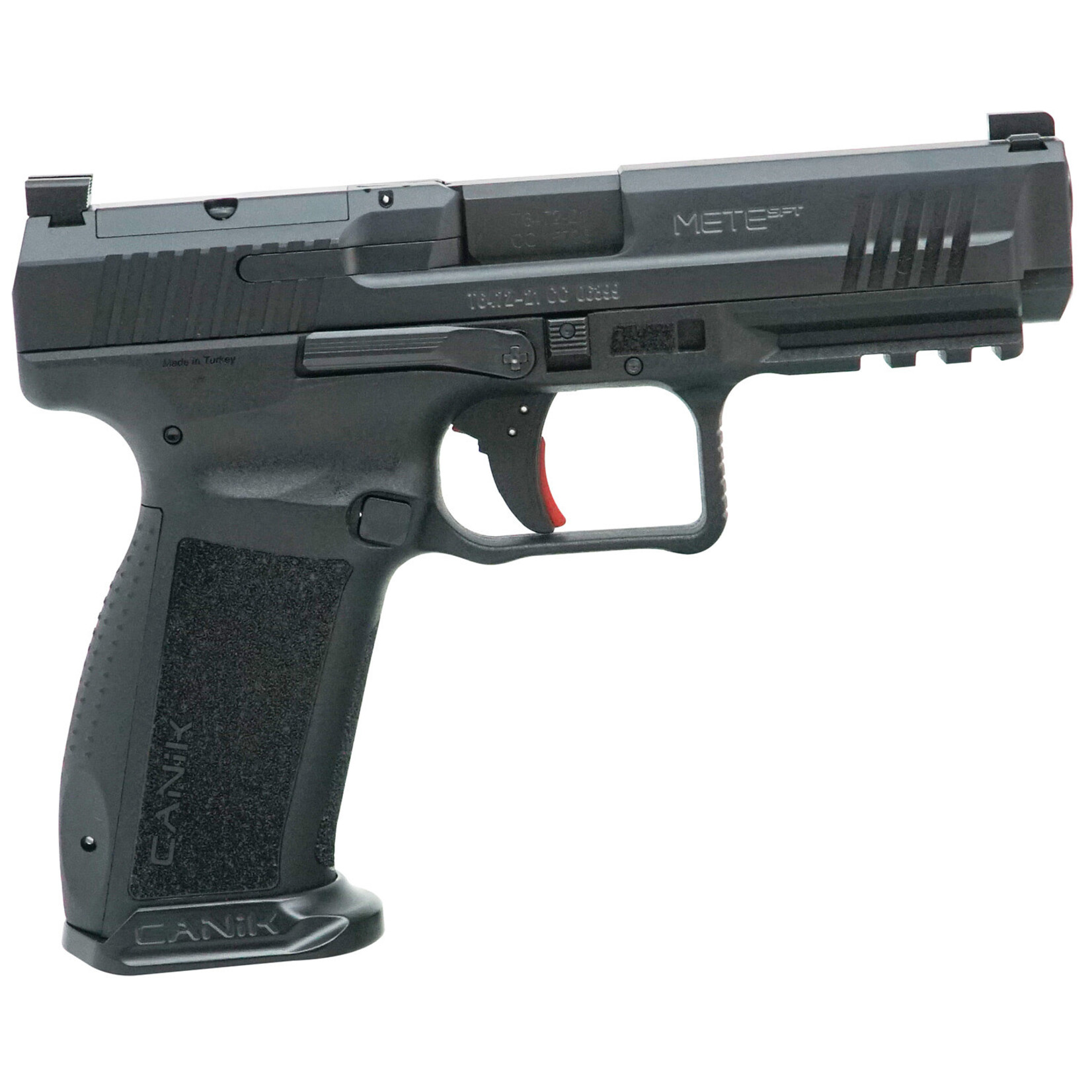 Canik Canik Mete SFT 9mm Luger Caliber with 4.46" Barrel, 20+1 or 18+1 Capacity, Overall Black Finish, Picatinny Rail Frame, Serrated/Optic Cut Nitride Finish Steel Slide & Interchangeable Backstrap Grip