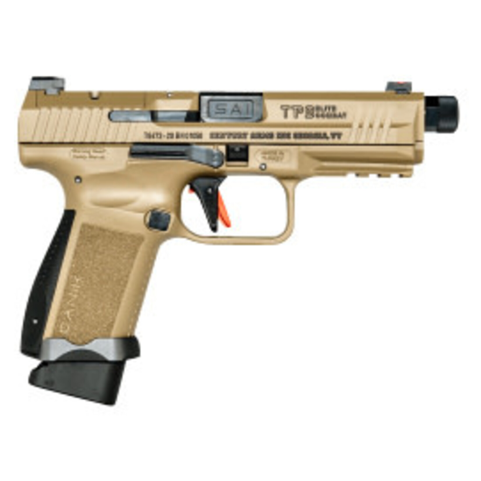 Canik Canik TP9 Elite Combat 9mm Luger Caliber with 4.73" Threaded Barrel, 18+1 Capacity, Flat Dark Earth Cerakote Finish with Picatinny Rail Frame, Serrated Steel with Optic Cut Slide & Black Interchangeable Backstrap Grip