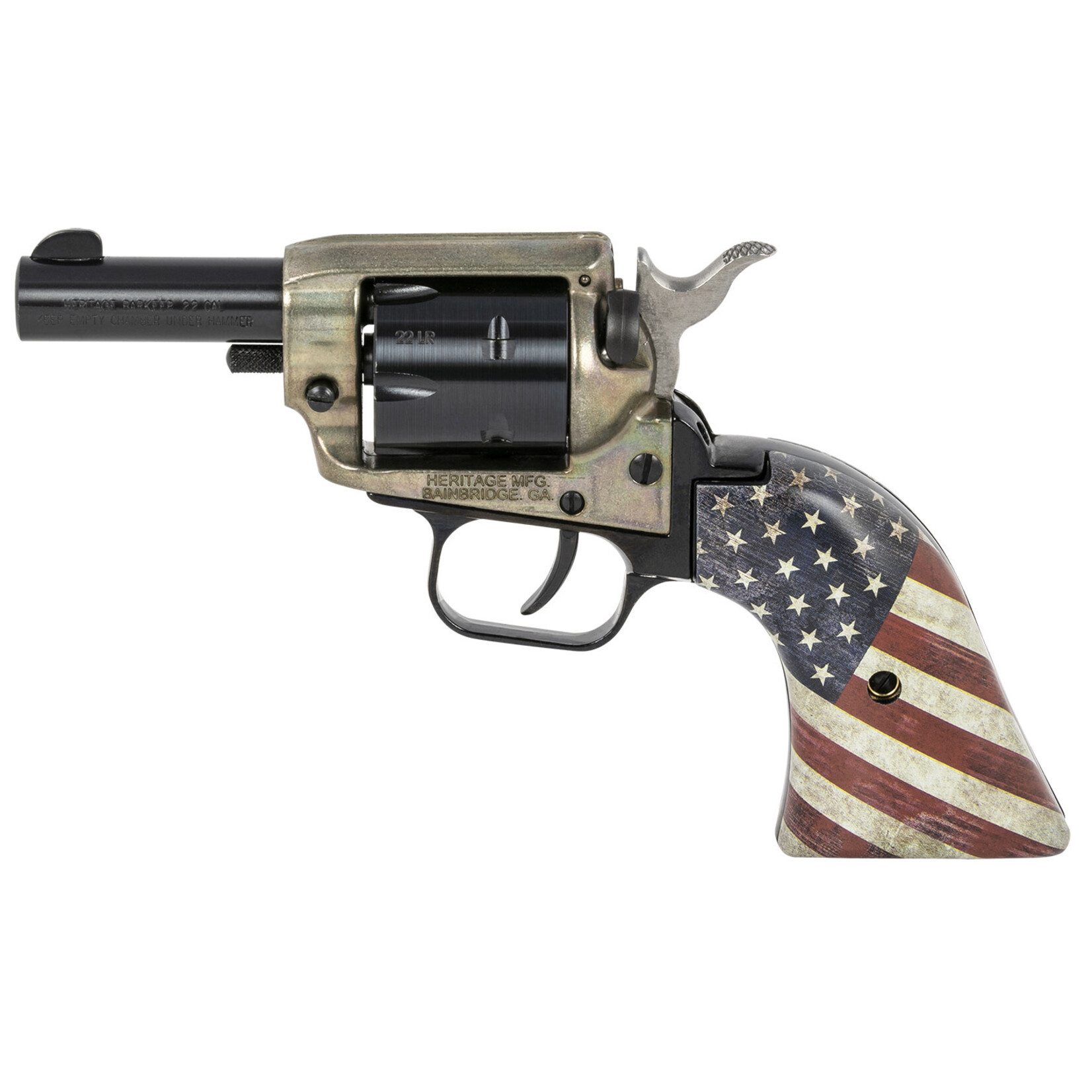 Heritage Manufacturing Heritage Mfg Barkeep 22 LR 6 Shot, 2.68" Black Oxide Steel Barrel, Simulated Case Hardened Zinc Alloy Frame, Black Oxide Cylinder, US Flag Polymer Grip, Hammer/Thumb Safety, Exposed Hammer