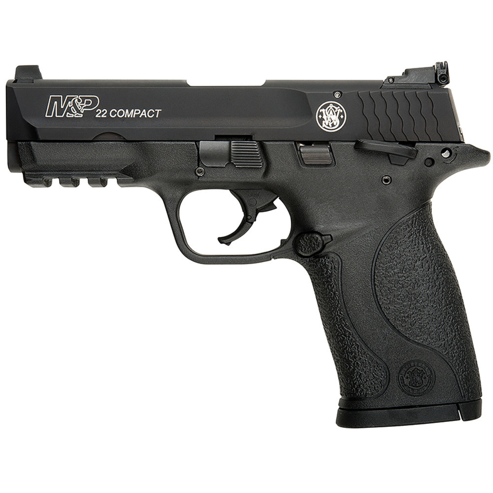 Smith & Wesson Smith & Wesson M&P 22 Compact Frame 22 LR 10+1, 3.60" Black Steel Barrel, Black Hard Coat Anodized Serrated Slide, Black Polymer Frame w/Picatinny Rail Frame, Black Textured Grip, Ambidextrous Manual Thumb Safety, Right Hand