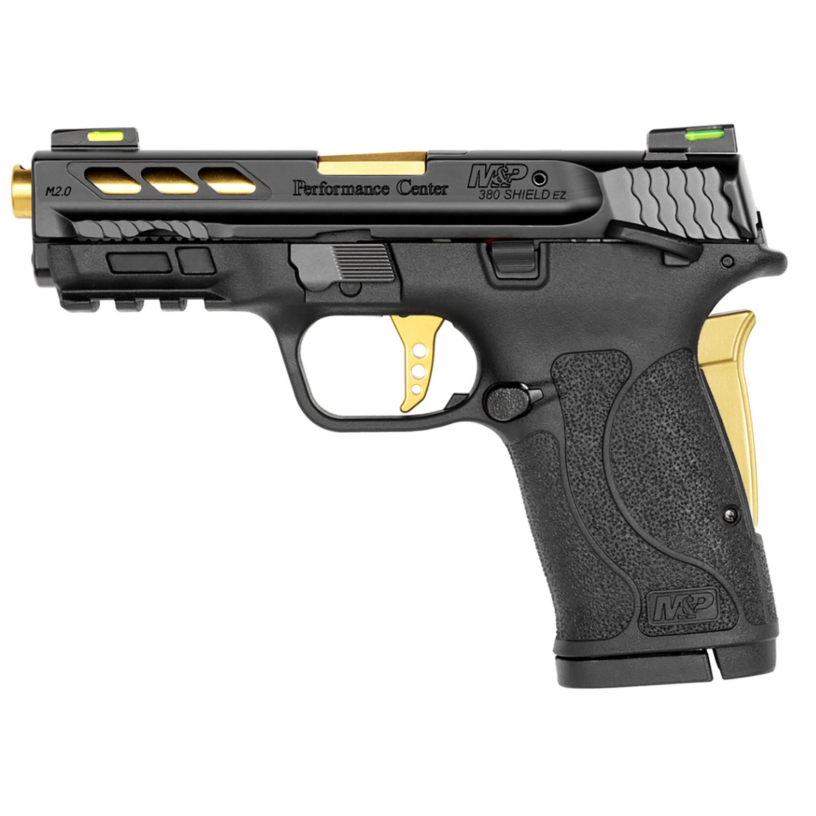 Smith & Wesson Smith & Wesson M&P Performance Center Shield EZ M2.0 Micro-Compact Frame 380 ACP 8+1, 3.80" Gold Titanium Coated Steel Ported Barrel, Black Armornite Lightening Cut/Serrated Stainless Steel Slide, Matte Black Polymer Frame w/Picatinny R