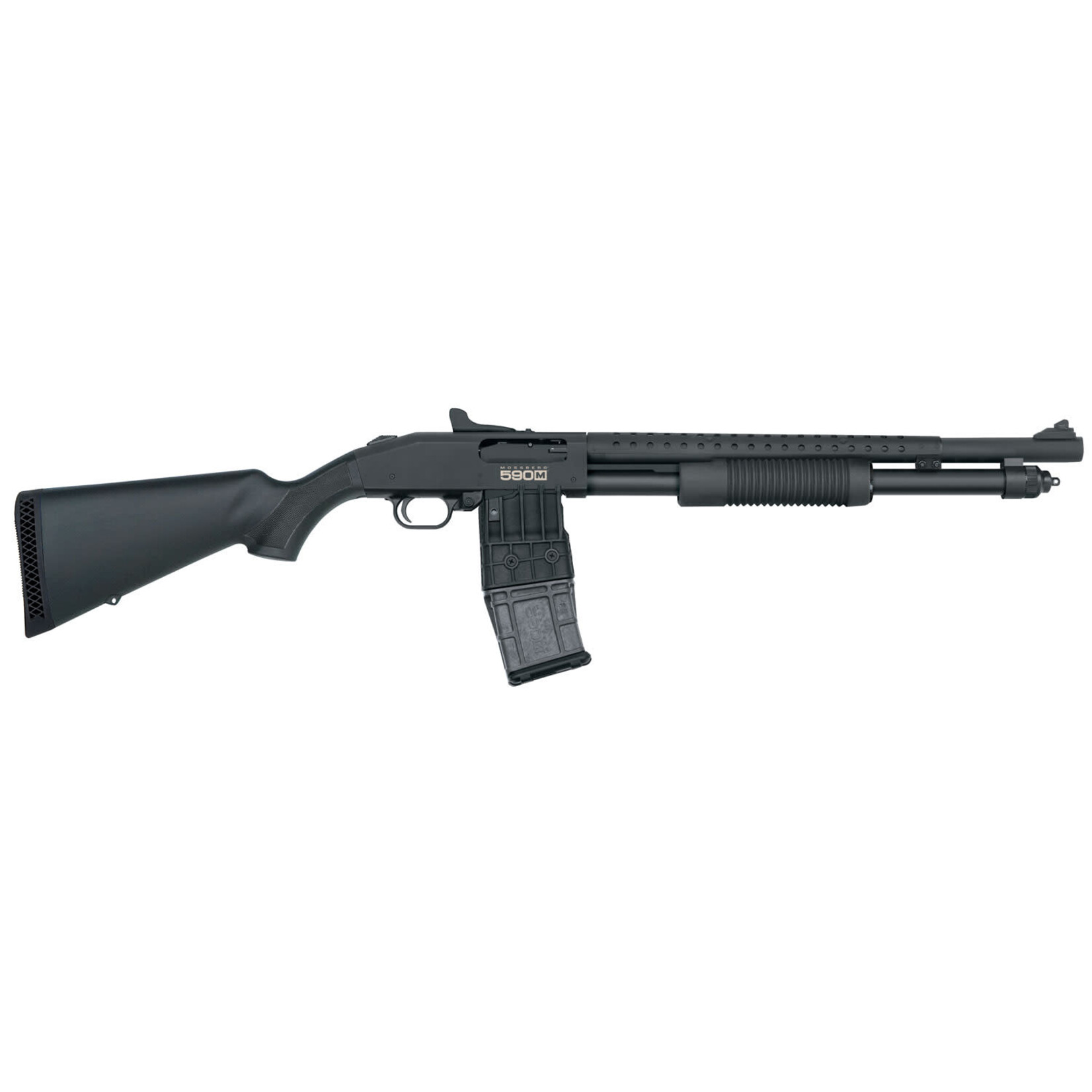 Mossberg Mossberg 590M Mag-Fed 12 Gauge 10+1 2.75" 18.50" Heavy Cylinder Bore Barrel w/Heat Shield, Matte Blued Metal Finish, Drilled & Tapped Receiver, Steel Ambidextrous Magazine Release & Housing, Synthetic Stock, Ghost Ring Sight
