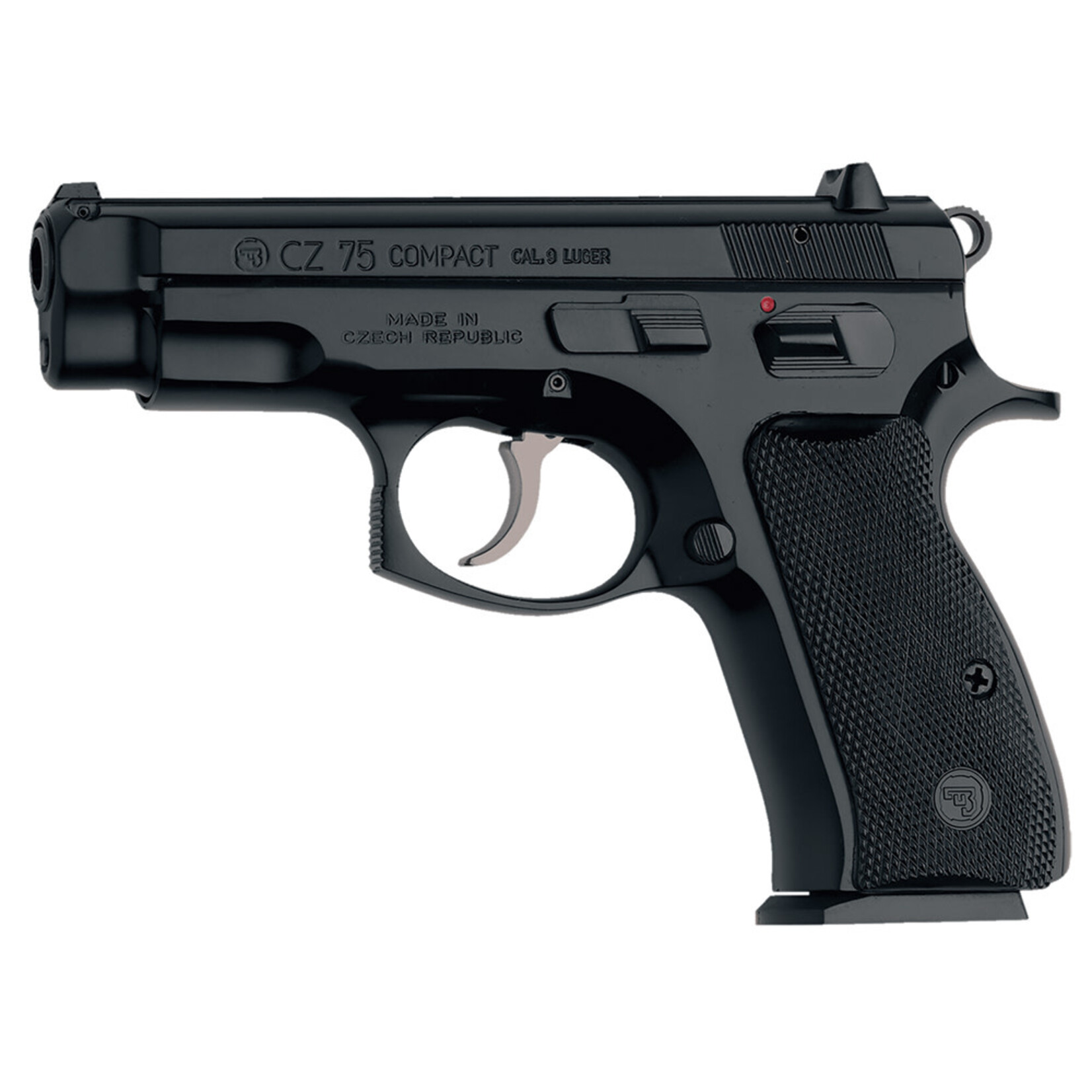 CZ CZ-USA CZ 75 Compact 9mm Luger 14+1 3.75" Non-Tilted, Cold Hammer Forged Barrel, Black Inside Railed Slide, Black Polycoat Steel w/Serrated Trigger Guard & Beavertail, Black Plastic Grips