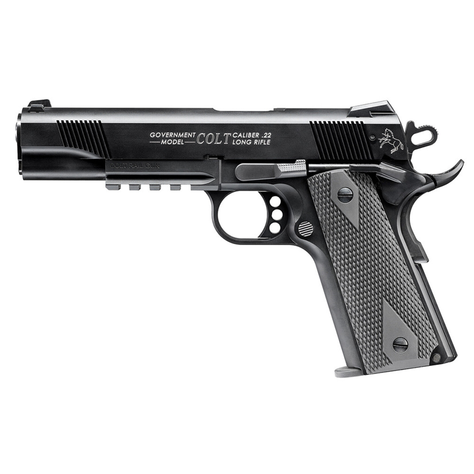 Walther Walther Arms 1911 Colt Government A1 22 LR 12+1, 5" Black Steel Barrel, Matte Black Tenifer Serrated Slide, Black Steel Frame w/Beavertail & Picatinny Rail, Black Checkered Polymer Grip, Manual Thumb/Grip Safety, Right Hand