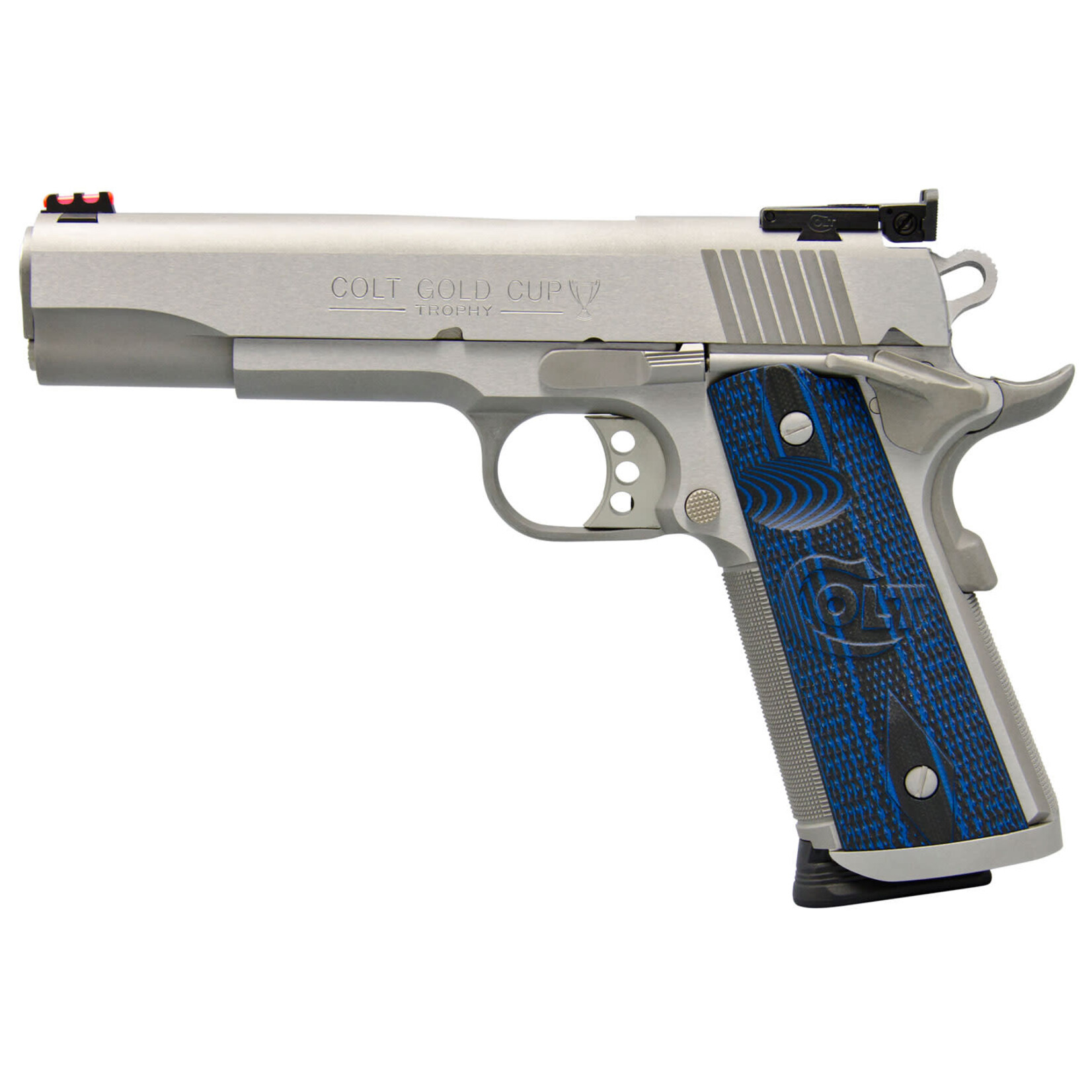 Colt Colt Mfg Gold Cup Trophy 45 ACP 8+1 5" Steel Barrel, Stainless Steel Serrated Slide & Frame w/Beavertail, Competition Blue G10 Grips Right Hand