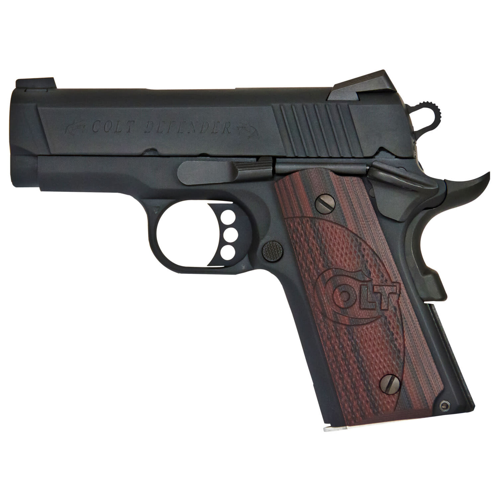 Colt Colt Mfg Defender Compact 9mm Luger 8+1 3" Black Steel Barrel, Blued Serrated Slide, Matte Black Cerakote Aluminum Frame w/Beavertail, Black Cherry Tactical G10 Grips Right Hand