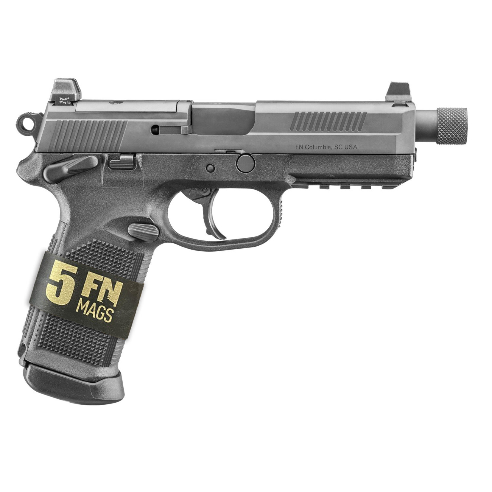 FN America FN FNX FNX-45T Tactical Bundle w/5 MAGS 45 ACP 15+1 5.30" Black Steel Threaded Barrel, Black Serrated Slide & Checkered Polymer Frame w/Picatinny Rail, Interchangeable Backstraps Grips Ambidextrous