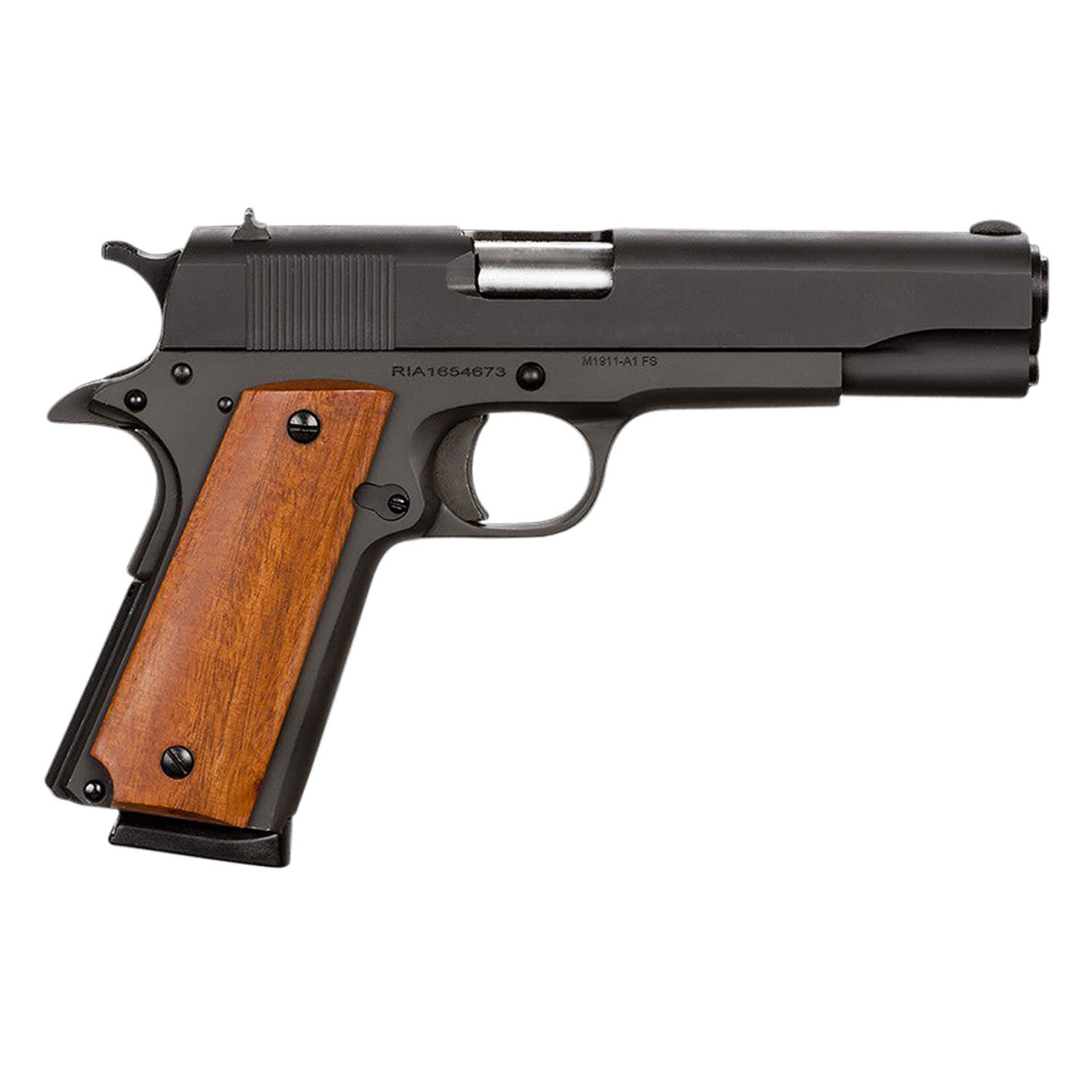Rock Island Armory Rock Island GI Standard FS *CA Compliant 45 ACP Caliber with 5" Barrel, 8+1 Capacity, Overall Black Parkerized Finish Steel, Beavertail Frame, Serrated Slide & Wood Grip