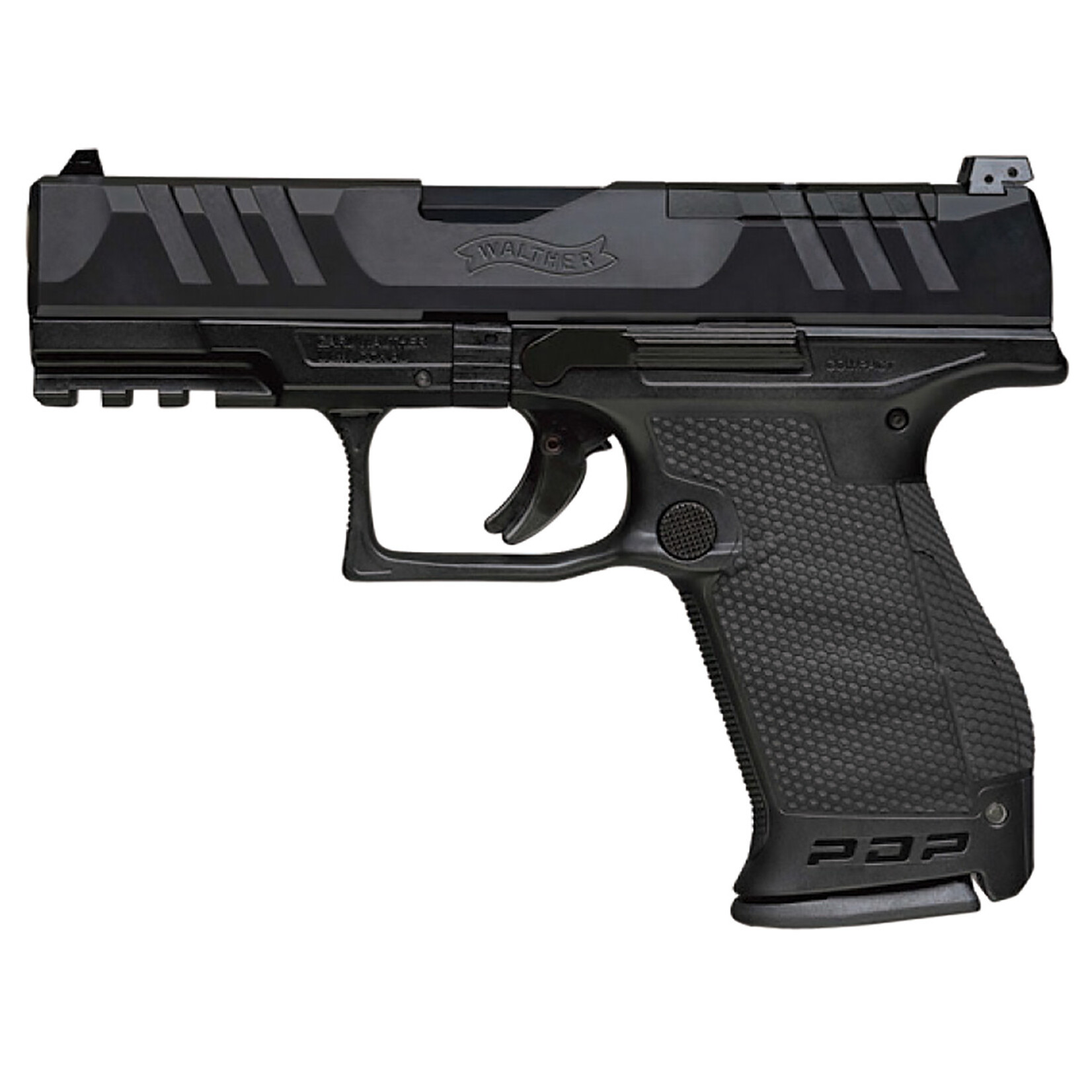 Walther Arms Walther Arms PDP Compact 9mm Luger 15+1 4" Black Polygonal Rifled Barrel, Black Optic Ready/Serrated Slide, Black Polymer Frame w/Picatinny Rail, Black Performance Duty Texture Grips Ambidextrous