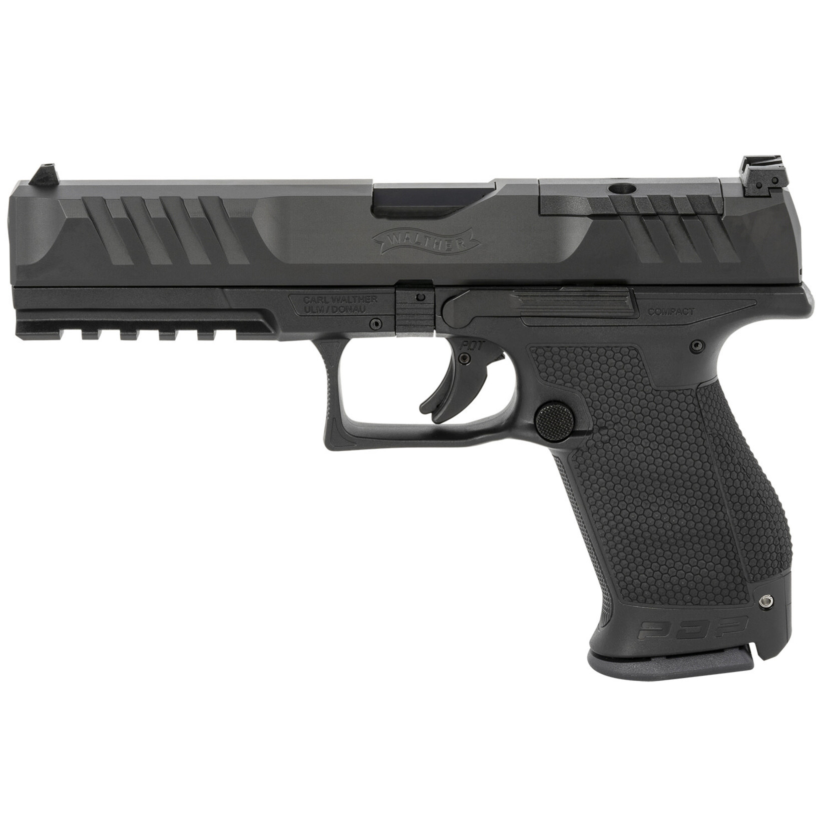 Walther Arms Walther Arms PDP Compact 9mm Luger 15+1 5" Black Polygonal Rifled Barrel, Black Optic Ready/Serrated Slide, Black Polymer Frame w/Picatinny Rail, Black Performance Duty Texture Grips, Ambidextrous