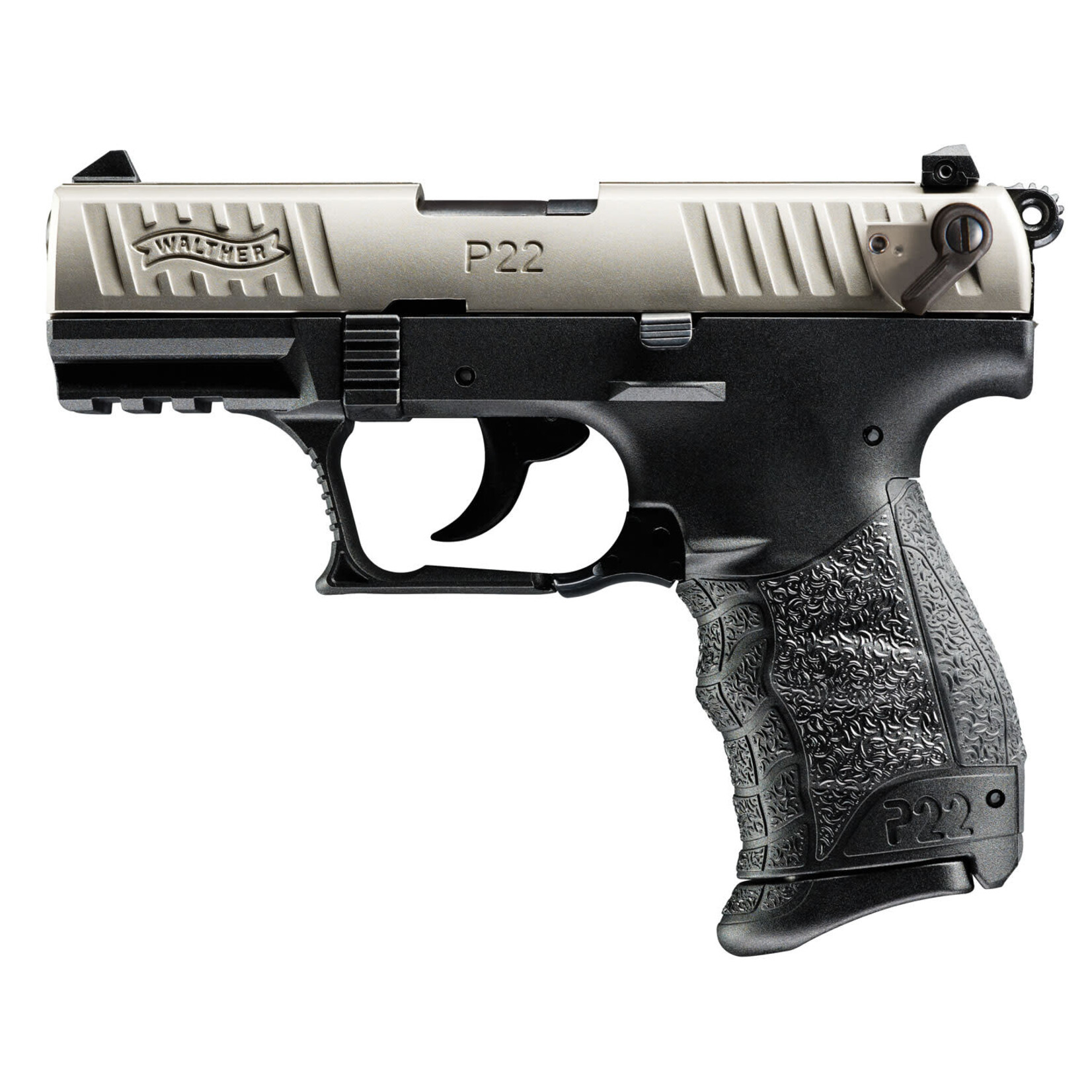 Walther Walther Arms P22Q 22 LR 10+1 3.42" Black Steel Threaded Barrel, Nickel Serrated Slide, Black Polymer Frame w/Picatinny Rail, Black w/Interchangeable Backstrap Grip, Manual Thumb Safety, Ambidextrous