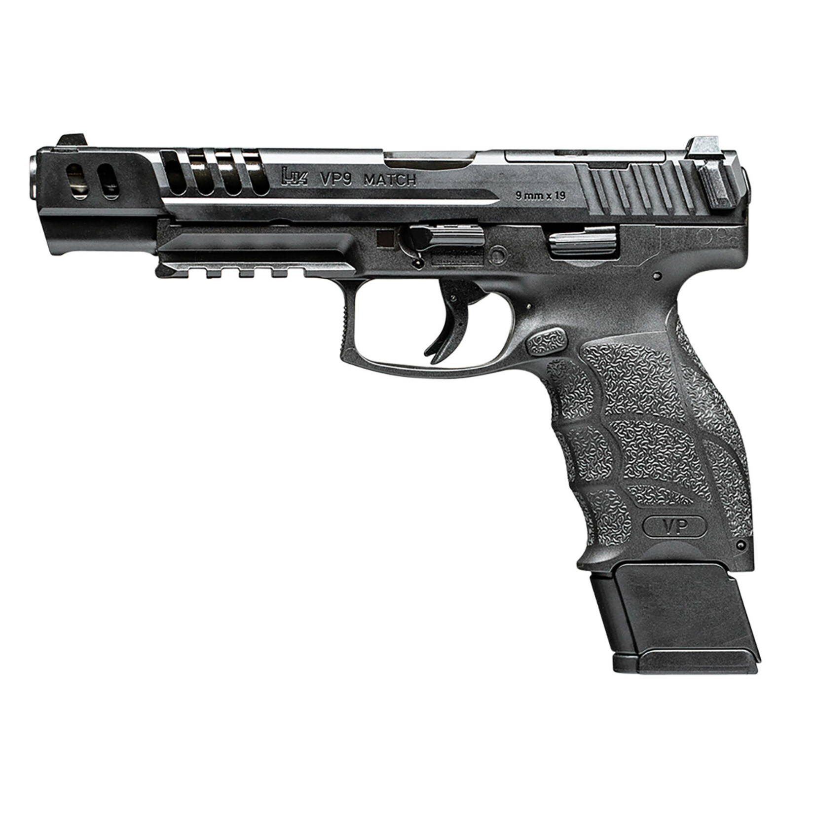 HK HK VP9 Match 9mm Luger 20+1 5.51" Polygonal Rifled Barrel, Black Optic Ready/Serrated w/Ports Slide & Frame w/Picatinny Rail, Black Finger Grooved Polymer Grips Ambidextrous