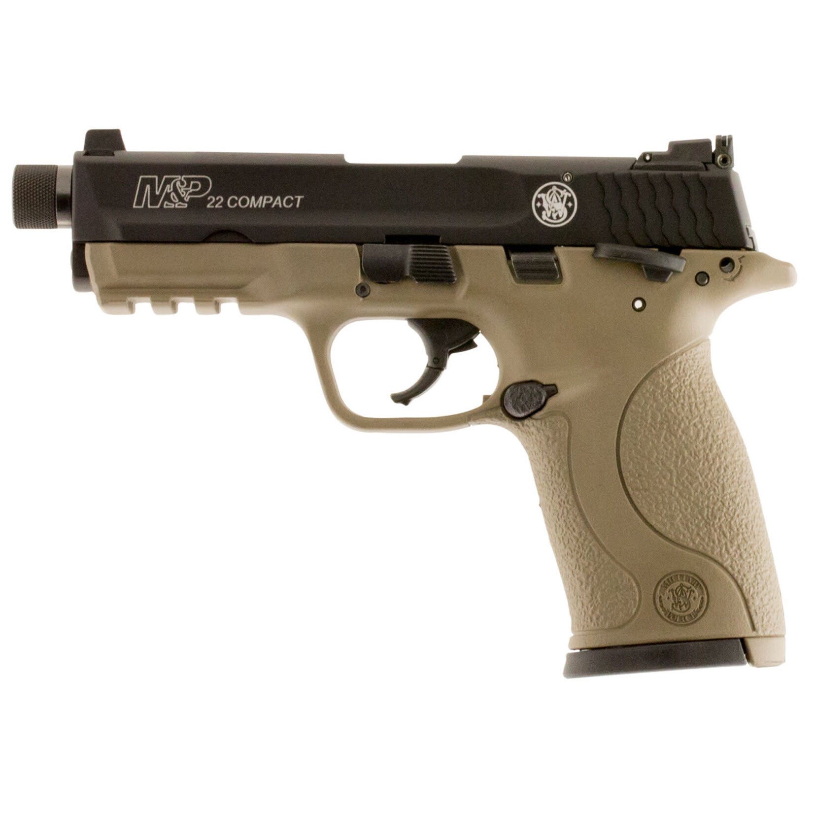 Smith & Wesson Smith & Wesson M&P Compact Compact Frame 22 LR 10+1, 3.60" Black Steel Threaded Barrel, Black Serrated Slide Flat Dark Earth Cerakote, Polymer Frame w/Picatinny Rail Frame, FDE Textured Grip, Ambidextrous Manual Safety, Right Hand