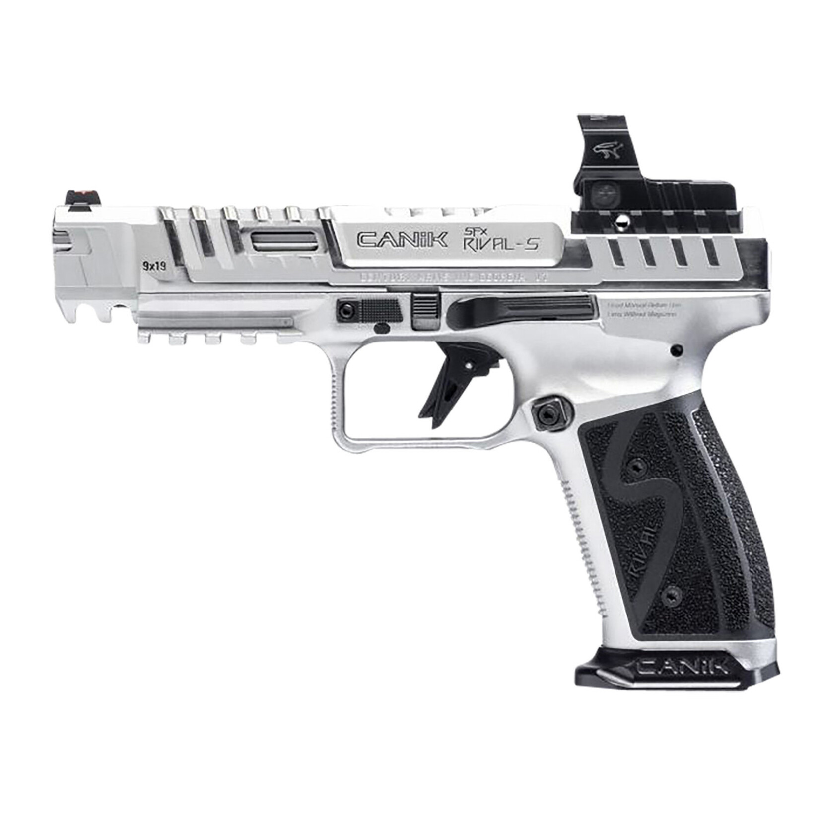 Canik Canik SFx Rival-S Full Size Frame 9mm Luger 18+1, 5" Stainless Steel Barrel, Chrome Optic Ready/Serrated w/Ports Steel Slide, Chrome w/Black Controls Steel Frame w/Picatinny Rail, MeCanik MO2 Red Dot, Ambidextrous
