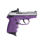 SCCY SCCY Semi-Auto Pistol, 9MM, 3.1" Bl, Two-Tone, SS, Purple, Crimson Trace Red Dot Sight, Manual Safety, 1 - Stainless/Silver, 3.1" Barrel, 10 Rounds, Polymer Grips, Optics Included Sights