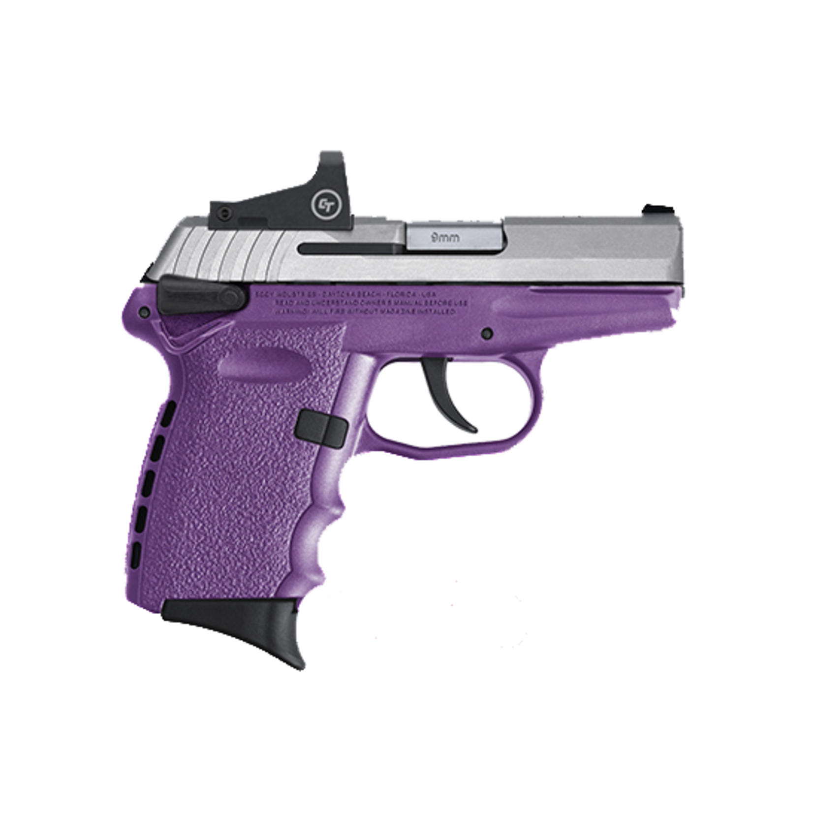 SCCY SCCY Semi-Auto Pistol, 9MM, 3.1" Bl, Two-Tone, SS, Purple, Crimson Trace Red Dot Sight, Manual Safety, 1 - Stainless/Silver, 3.1" Barrel, 10 Rounds, Polymer Grips, Optics Included Sights